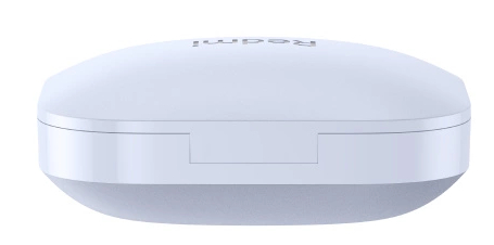 Białe, zaokrąglone, zamknięte etui na słuchawki, widok z góry, gładkie tło.