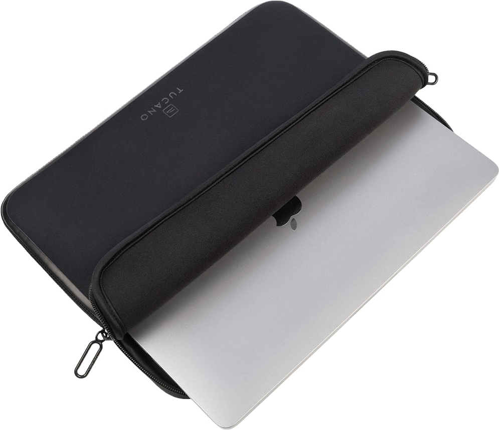 Ein Laptop in einer schwarzen Hülle mit Reißverschluss.