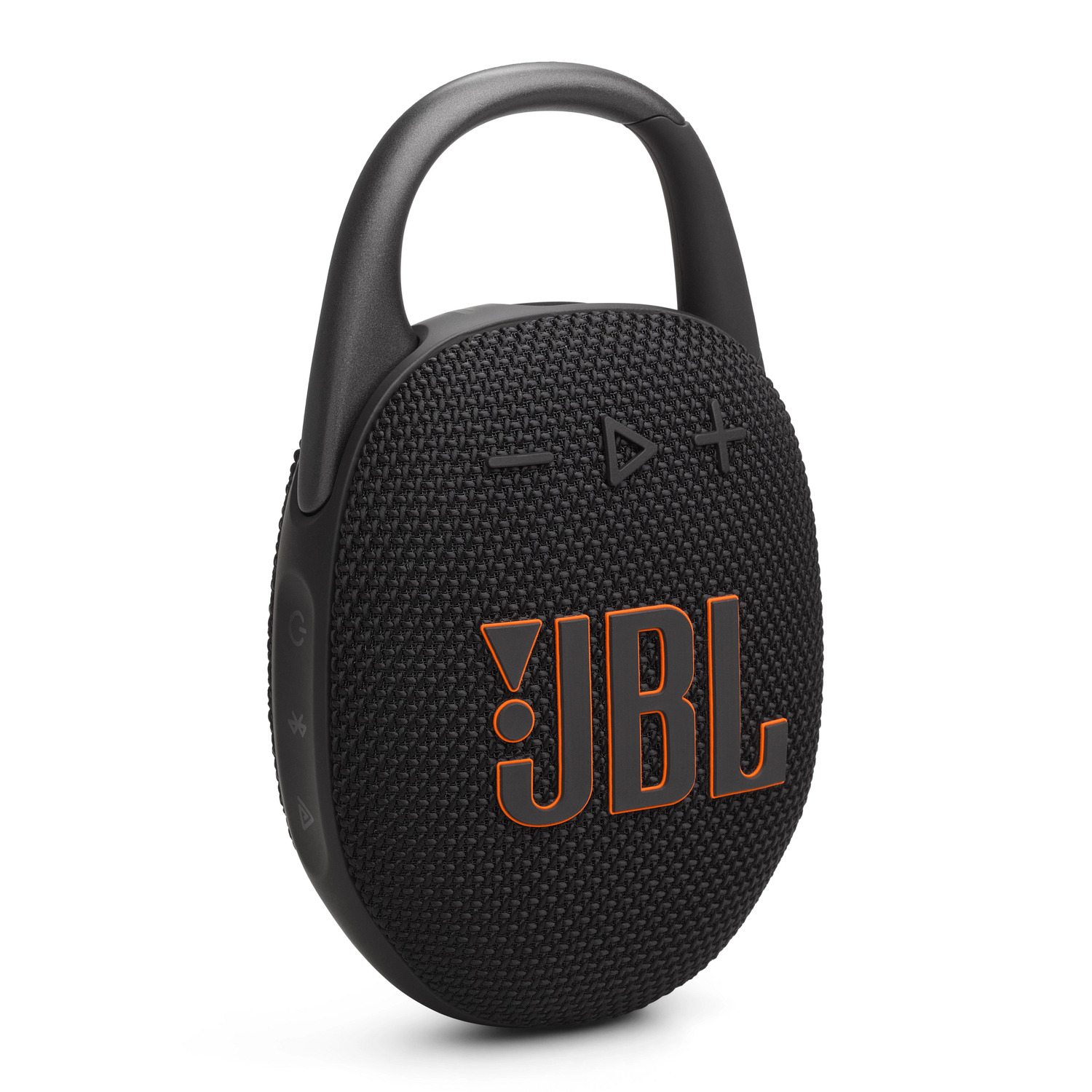 Haut-parleur JBL Clip noir avec logo JBL orange. Il a une poignée en boucle et des boutons de contrôle.
