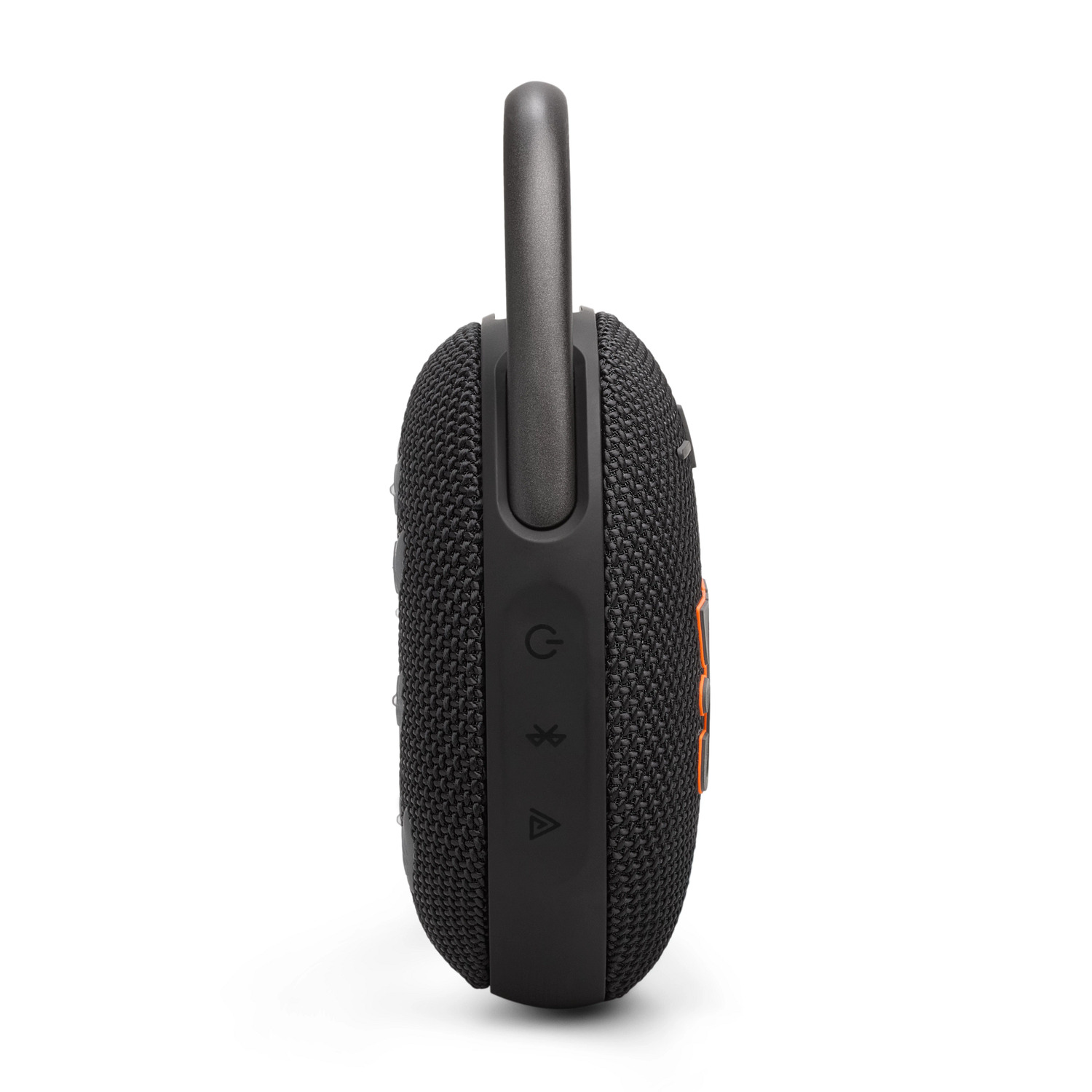 Un haut-parleur portable noir avec un bouton orange et une poignée attachée.