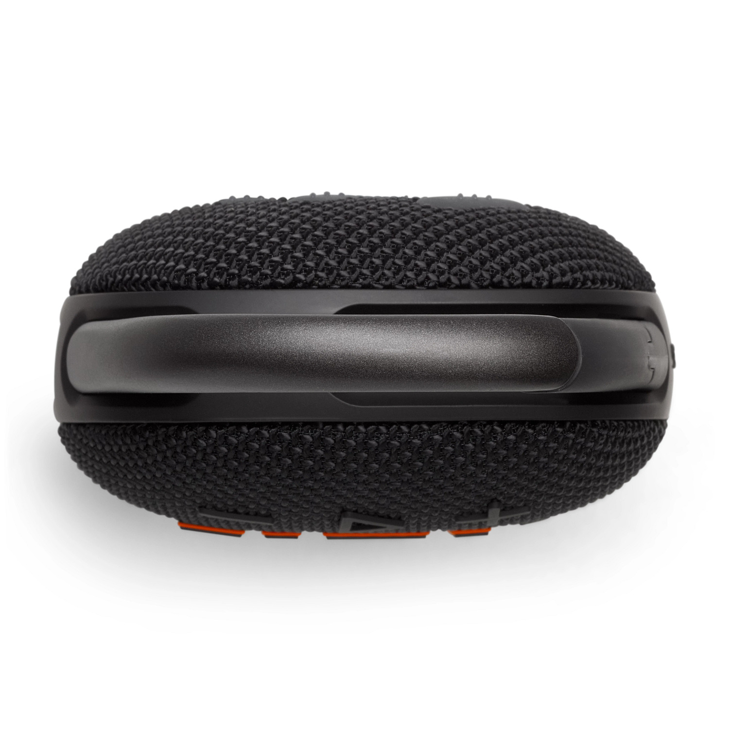 Haut-parleur JBL noir et rond avec une poignée et des accents orange.
