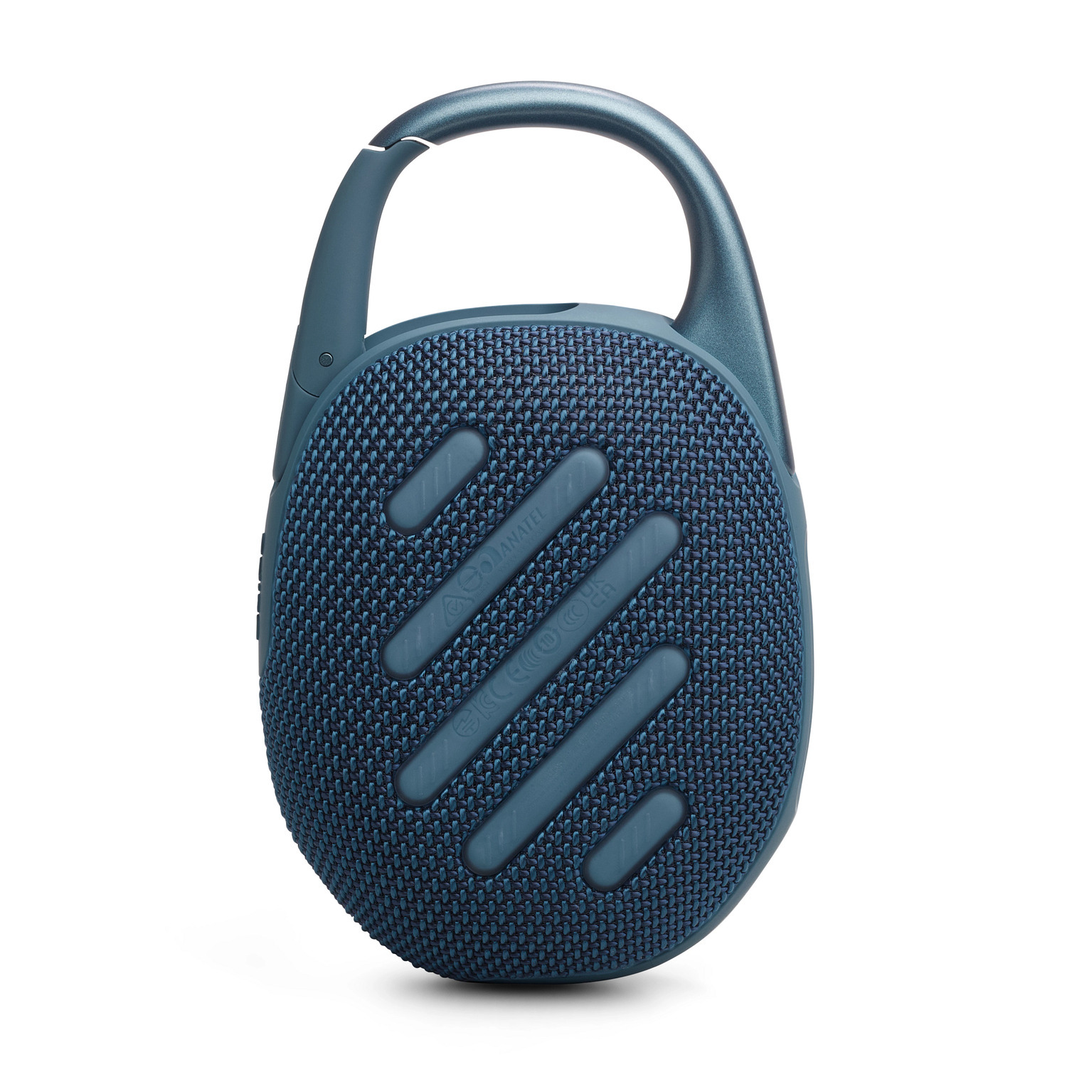 A blue JBL Clip speaker with a carabiner clip. It's oval with a mesh front and blue accents.