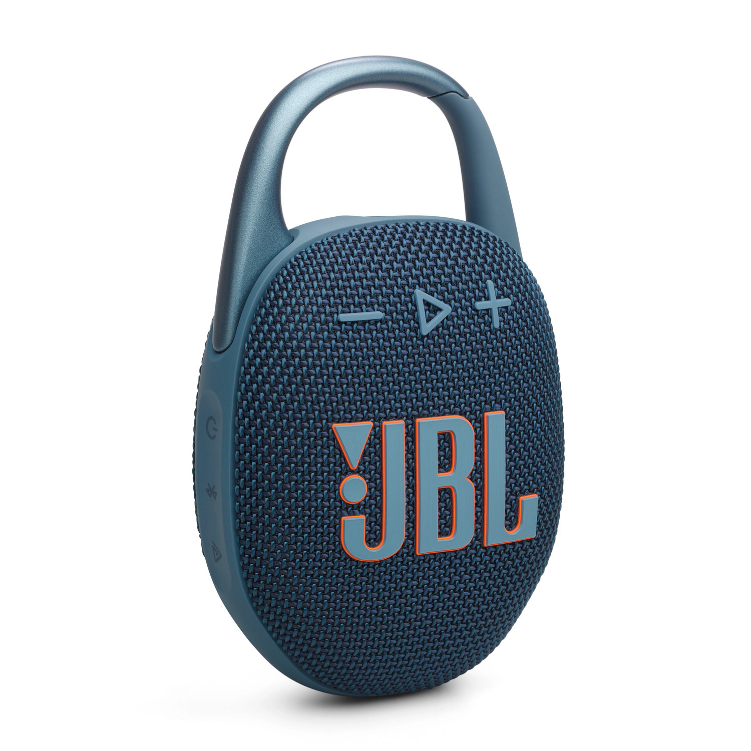 A blue JBL Clip speaker. It has a clip and orange JBL logo. The speaker is on a white background.