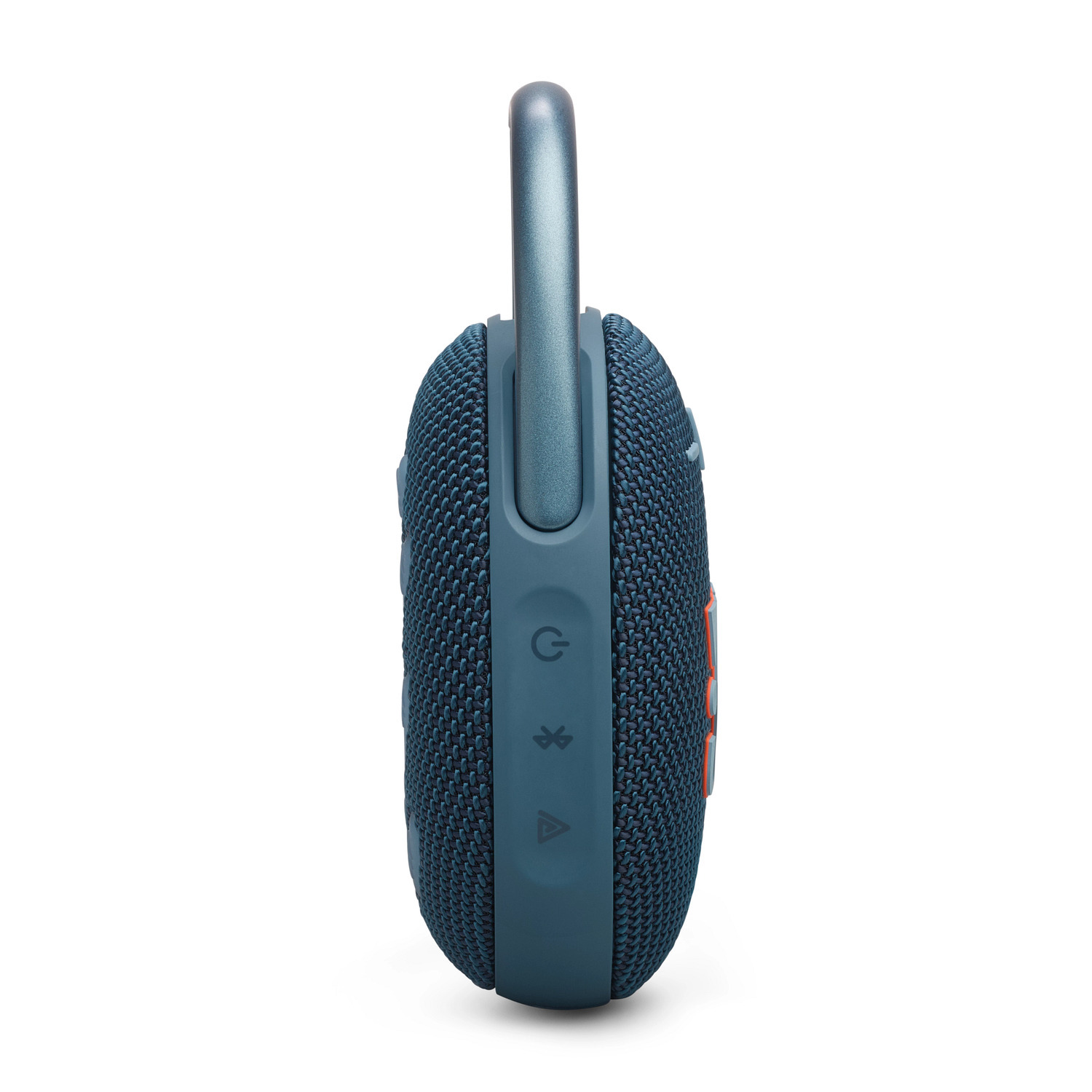 Side view of a blue and teal JBL speaker with a metal loop.