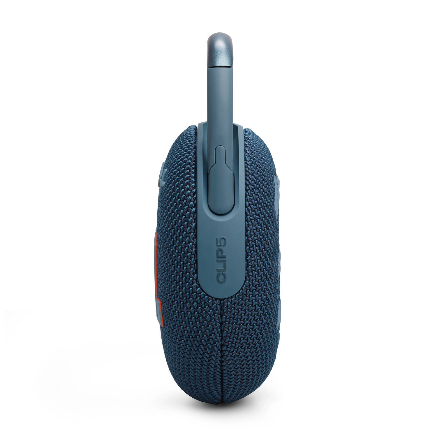 A small blue and grey speaker with a carabiner clip. Side view on a white background.