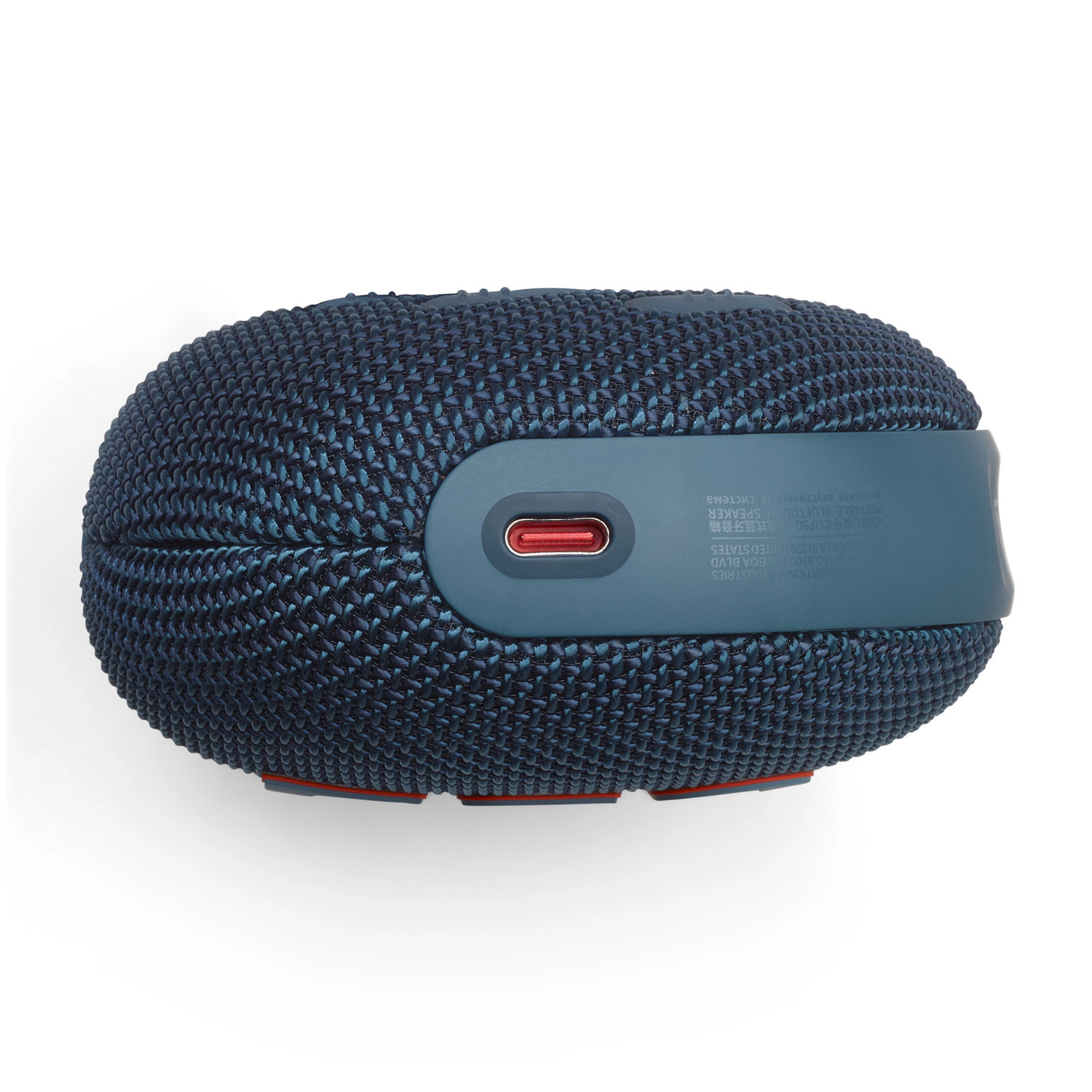 Blue speaker with a fabric design.  Red USB-C port visible. White background.