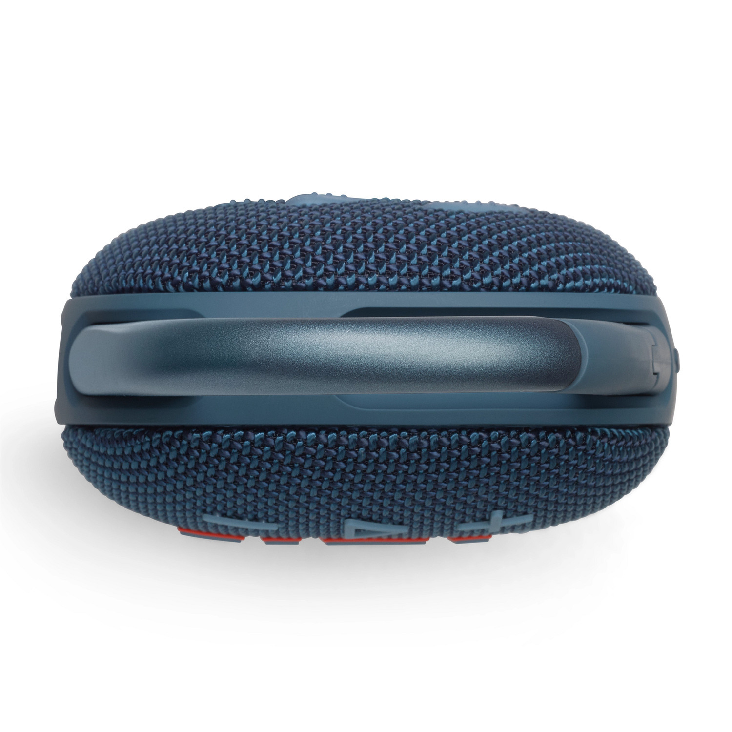 A blue oval speaker. The speaker has a handle and a mesh-like pattern on its surface.