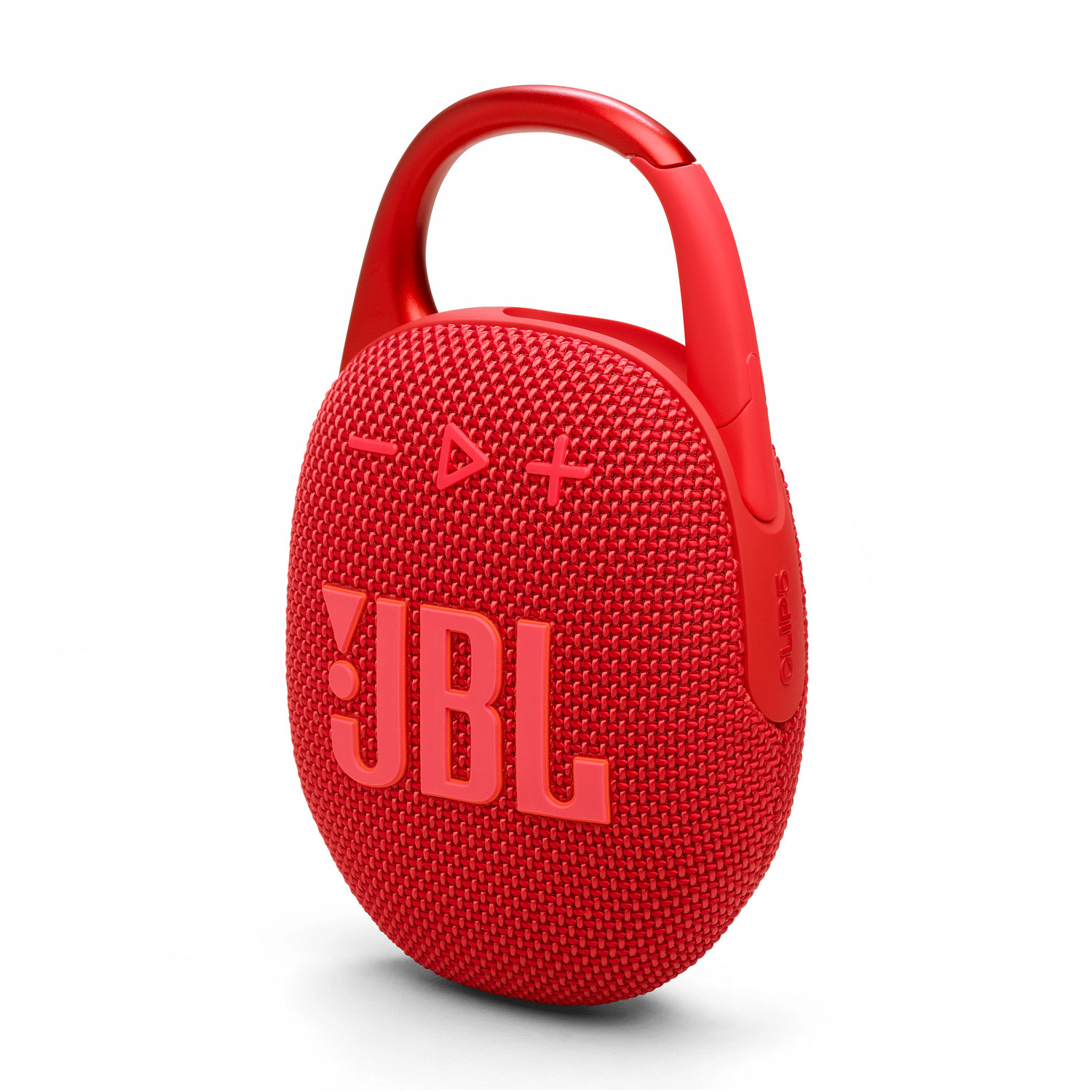 Haut-parleur JBL Clip rouge avec logo JBL rouge. Il a une poignée en boucle et des boutons de contrôle.