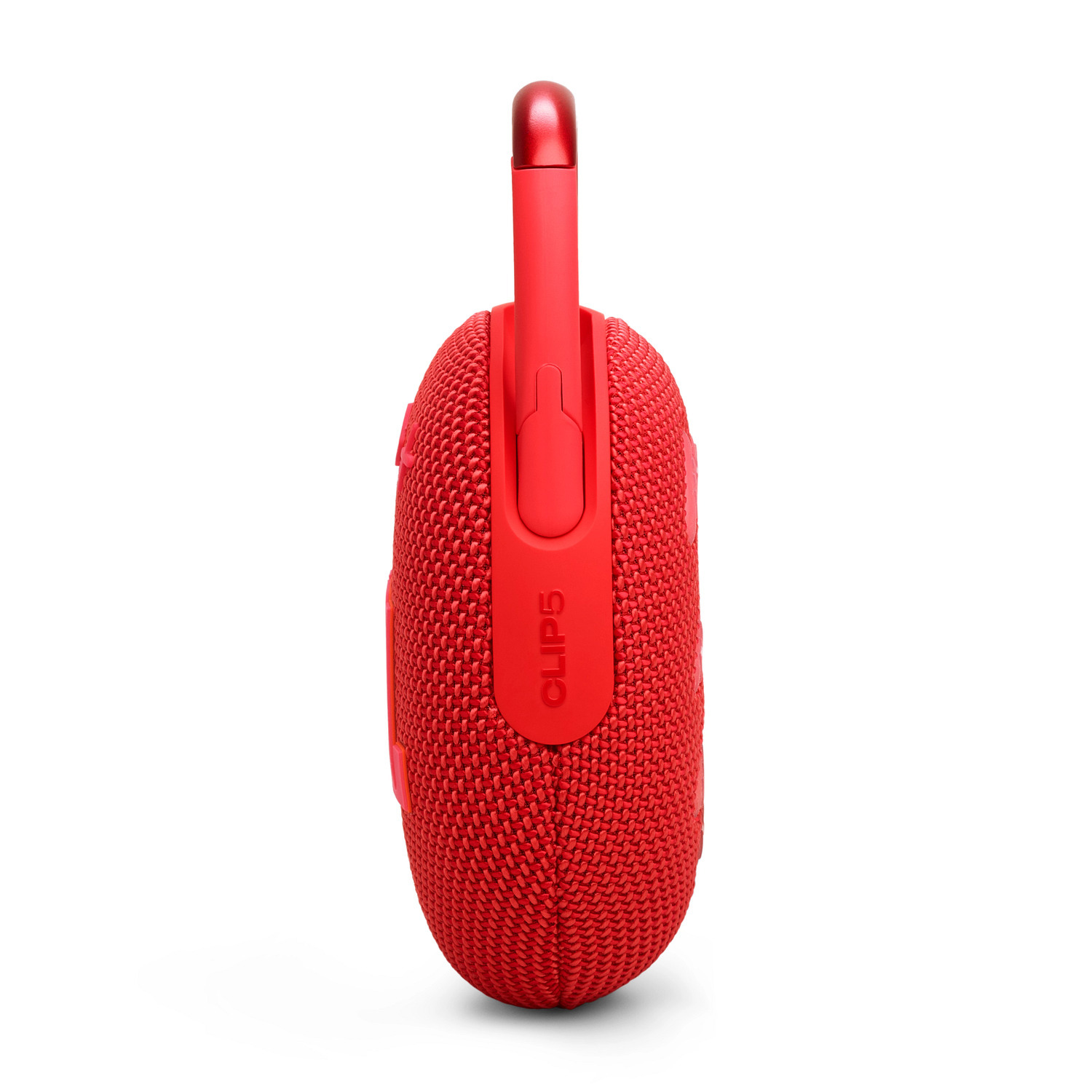 Enceinte portable rouge JBL Clip 5. Elle possède un mousqueton et une grille de haut-parleur rouge.