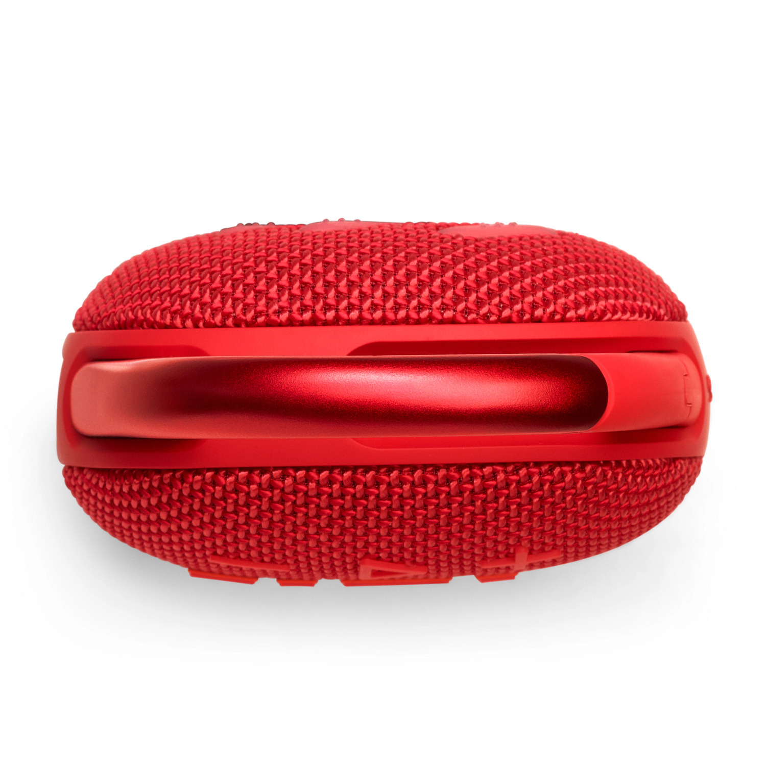 Enceinte JBL Clip 4 rouge, vue de dessus, sur fond blanc.