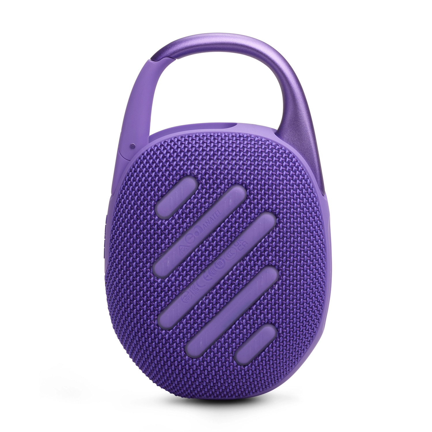Un haut-parleur violet, arrondi, avec une poignée et une surface texturée.