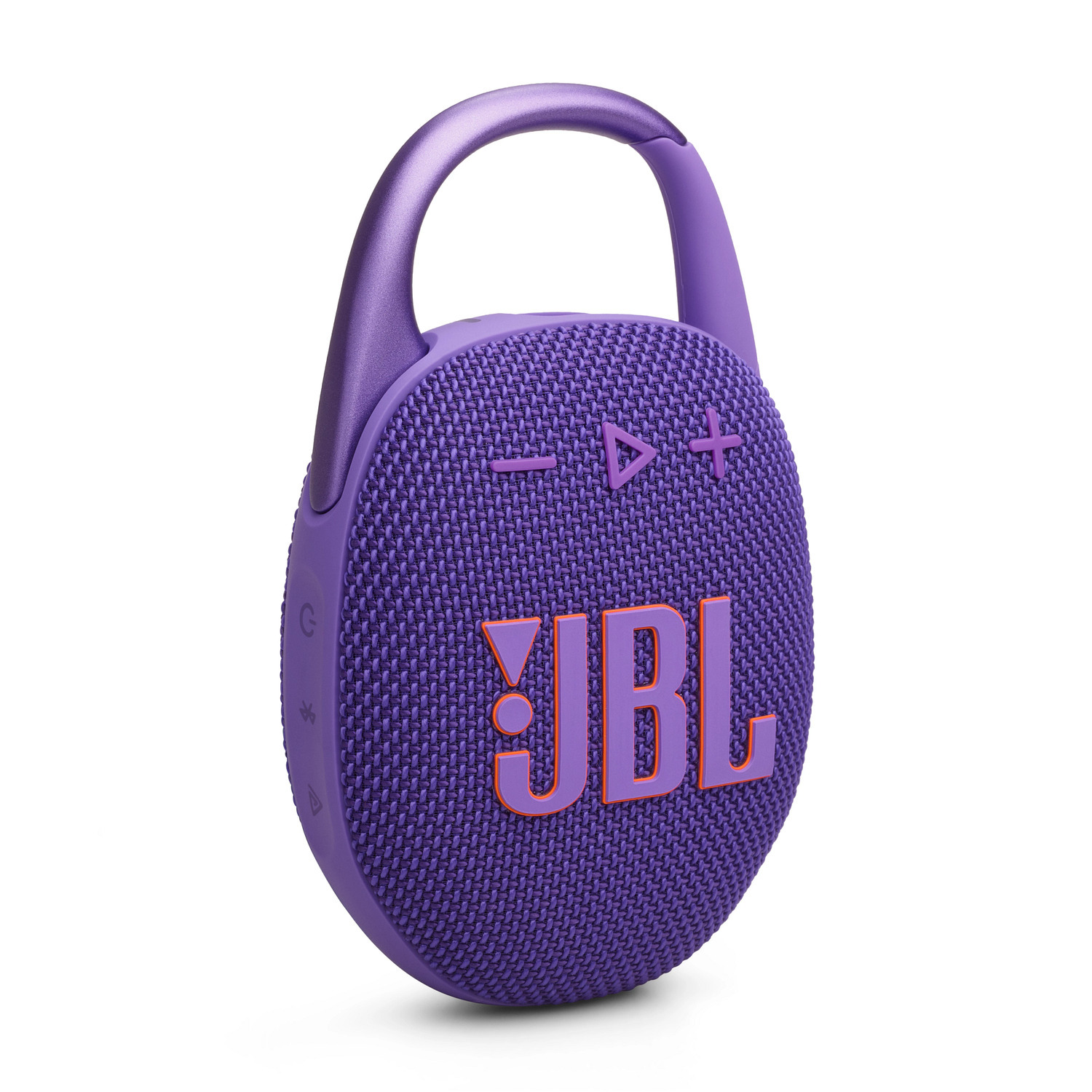 Haut-parleur JBL Clip violet. Clip en haut et logo JBL devant. Fond blanc.