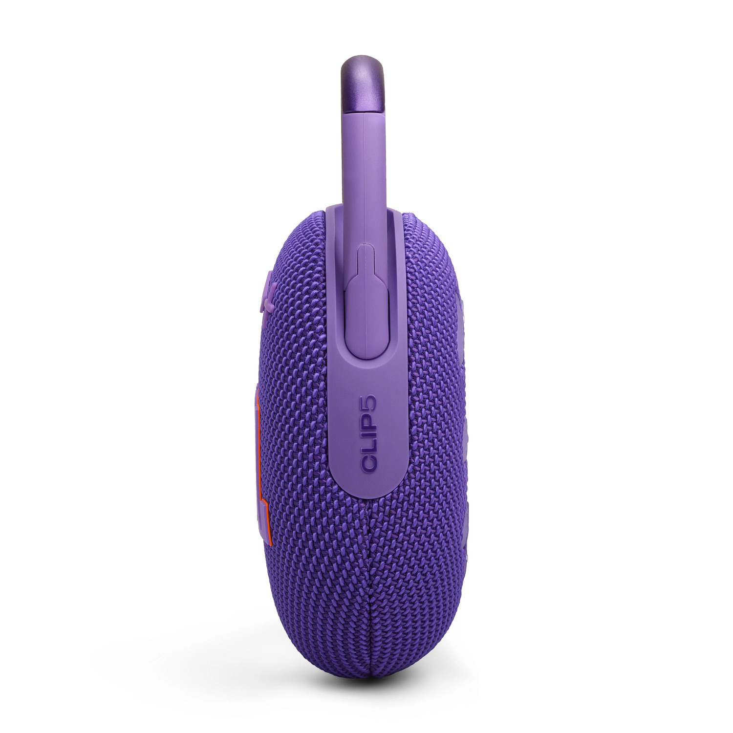Haut-parleur violet JBL Clip 5. Vue latérale montre le clip et le bouton. Fond blanc.