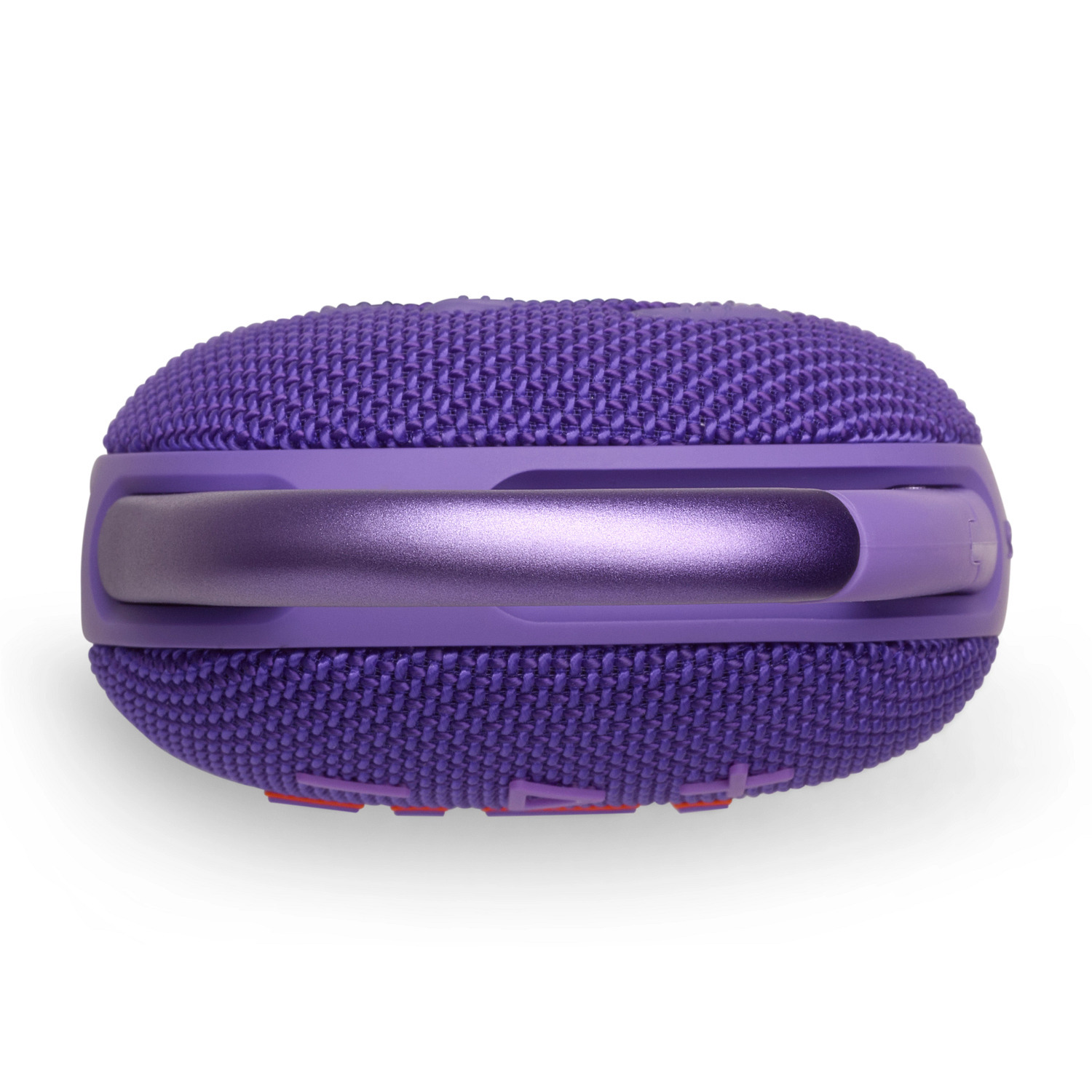 Haut-parleur portable violet avec une poignée sur fond blanc.