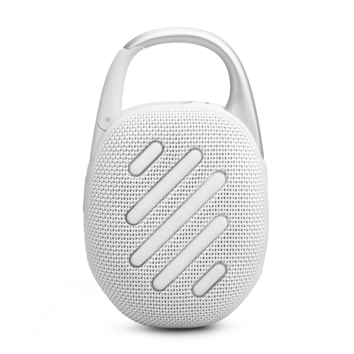 Haut-parleur JBL blanc avec une poignée argentée. Il a un corps blanc et un design de lignes diagonales.
