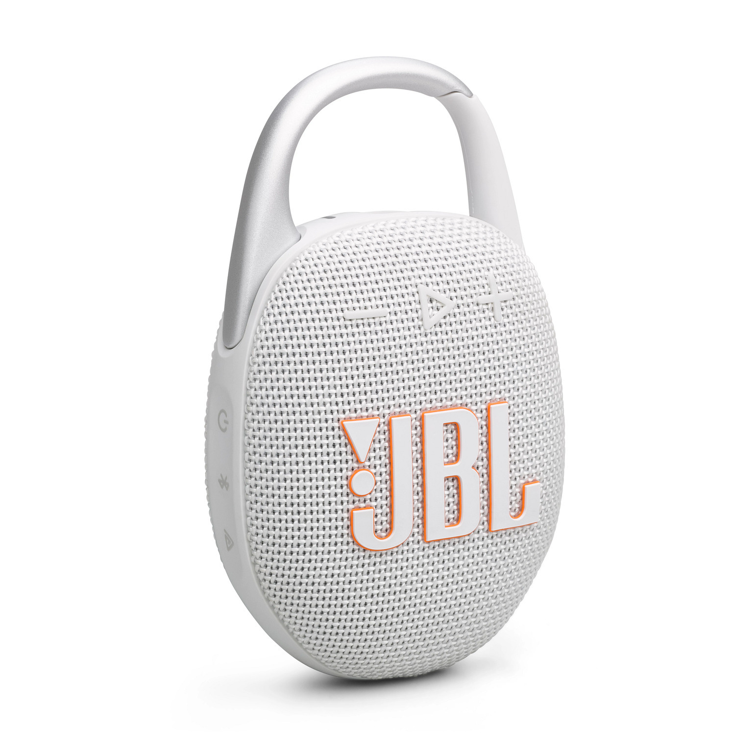 Haut-parleur JBL Clip blanc avec une poignée argentée.