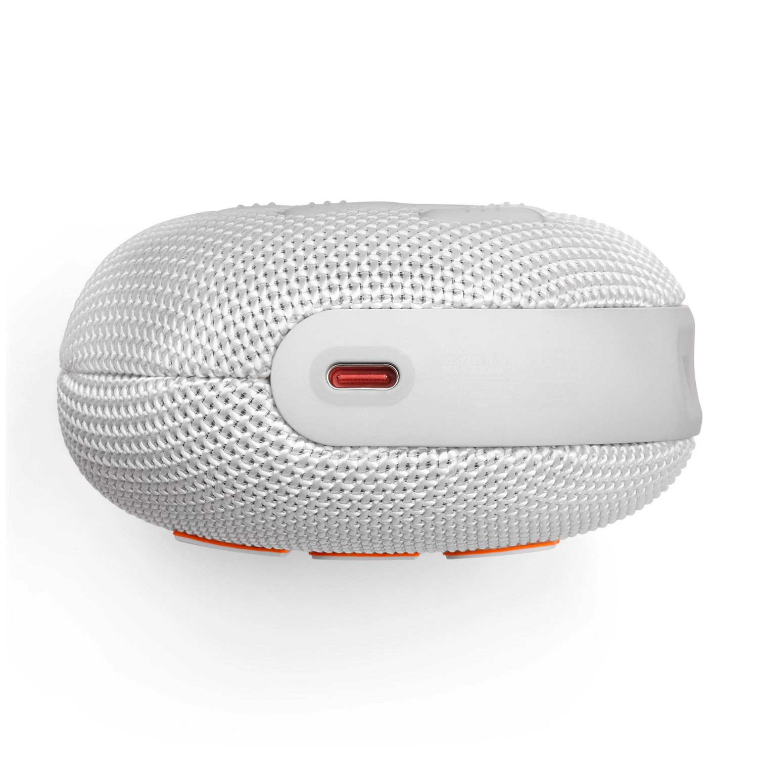Haut-parleur JBL blanc, vue de dessus. Il a un port USB-C rouge et des accents orange.