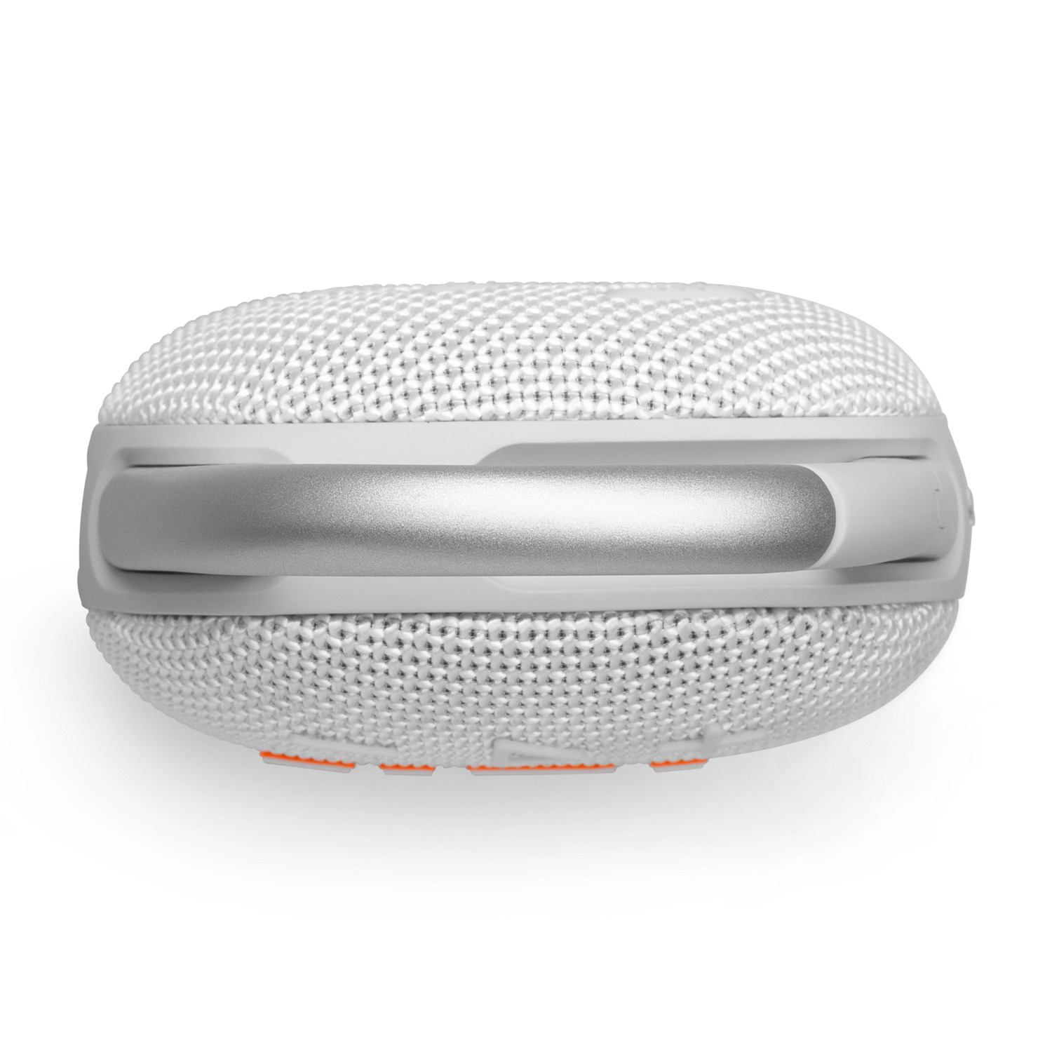 Haut-parleur blanc ovale avec une bande argentée. Le haut-parleur a une surface en maille et des boutons orange.