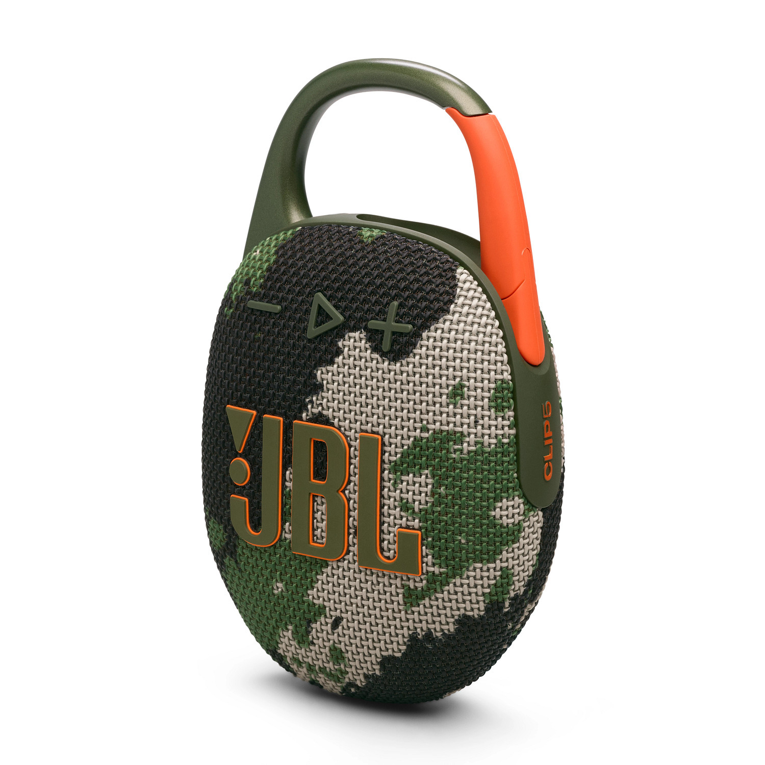 Haut-parleur JBL Clip à motif camouflage, clip et accents orange, fond blanc.