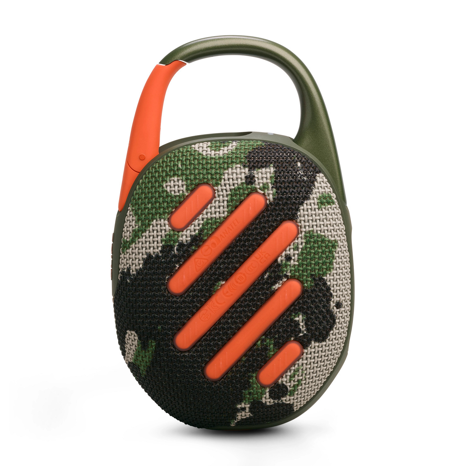 Un haut-parleur portable camouflé avec des touches d'orange et un clip vert.