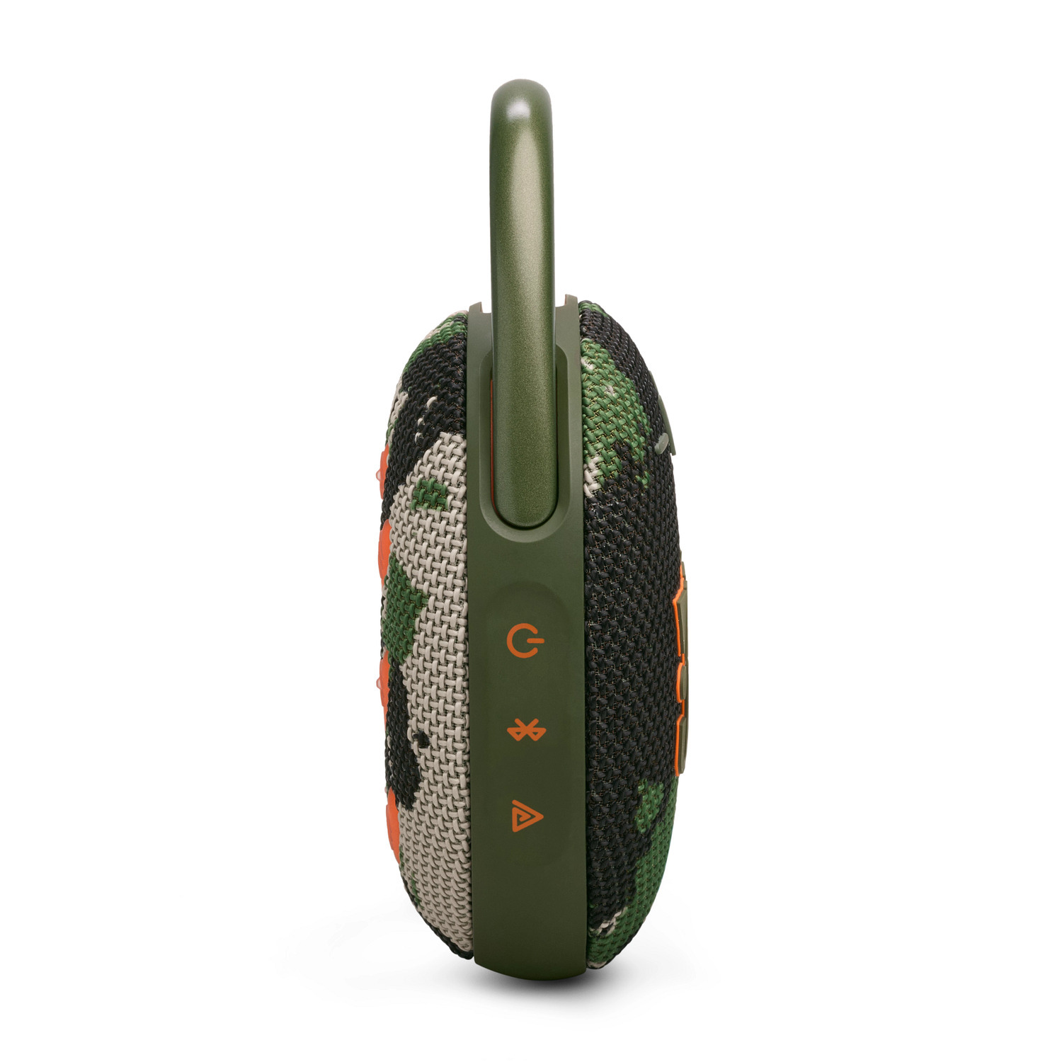 Un haut-parleur portable avec un motif camouflage et une poignée.