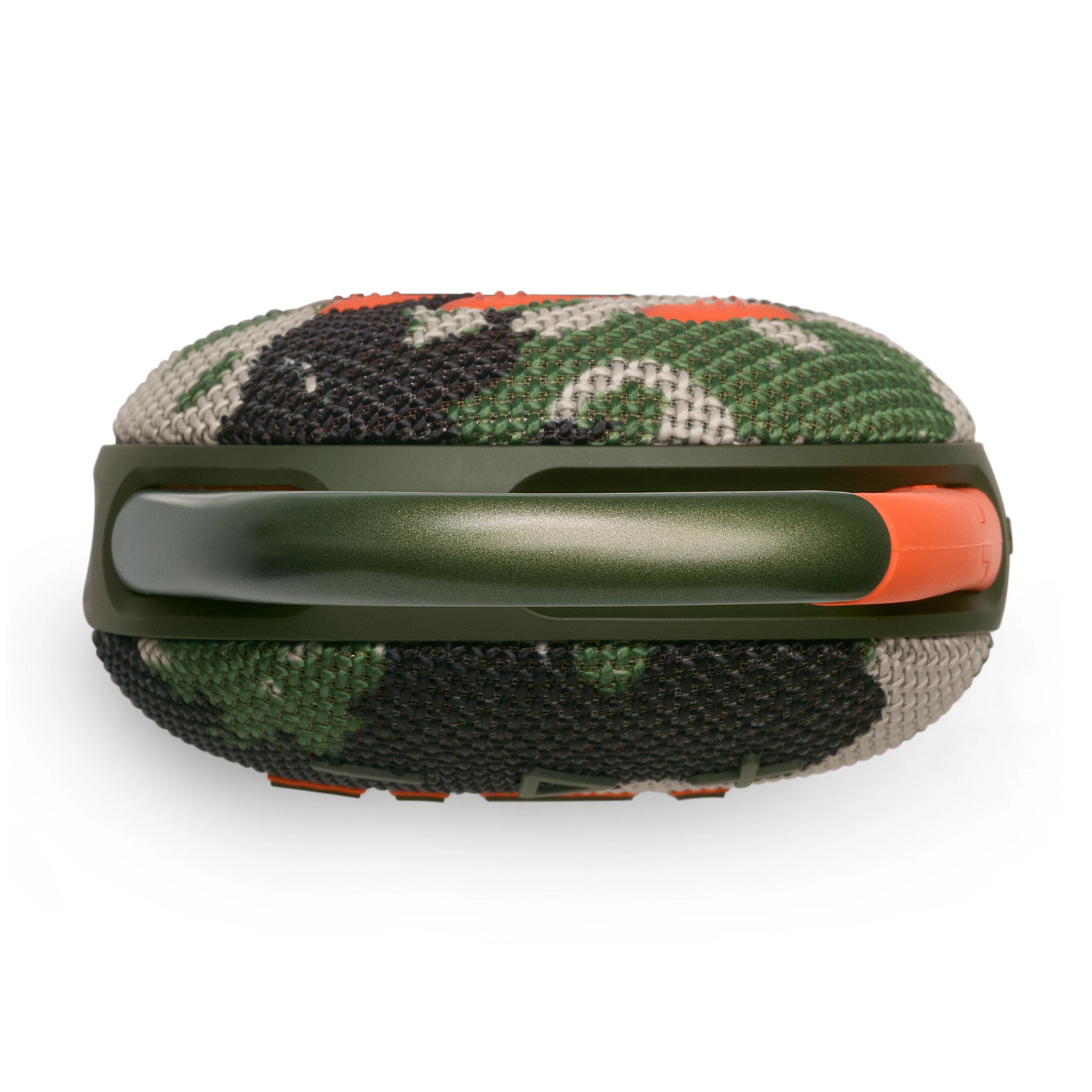 Haut-parleur camouflage avec poignée verte, touches orange, fond blanc. Vue de dessus, centré.