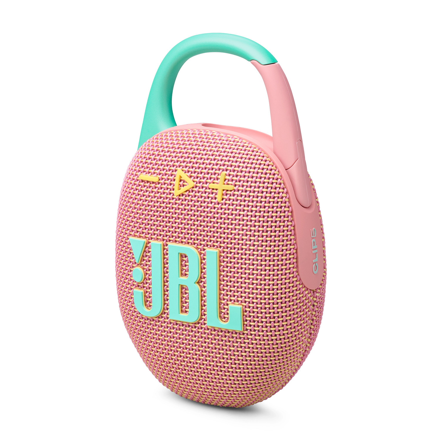 Enceinte JBL Clip rose et vert menthe. Fond blanc.