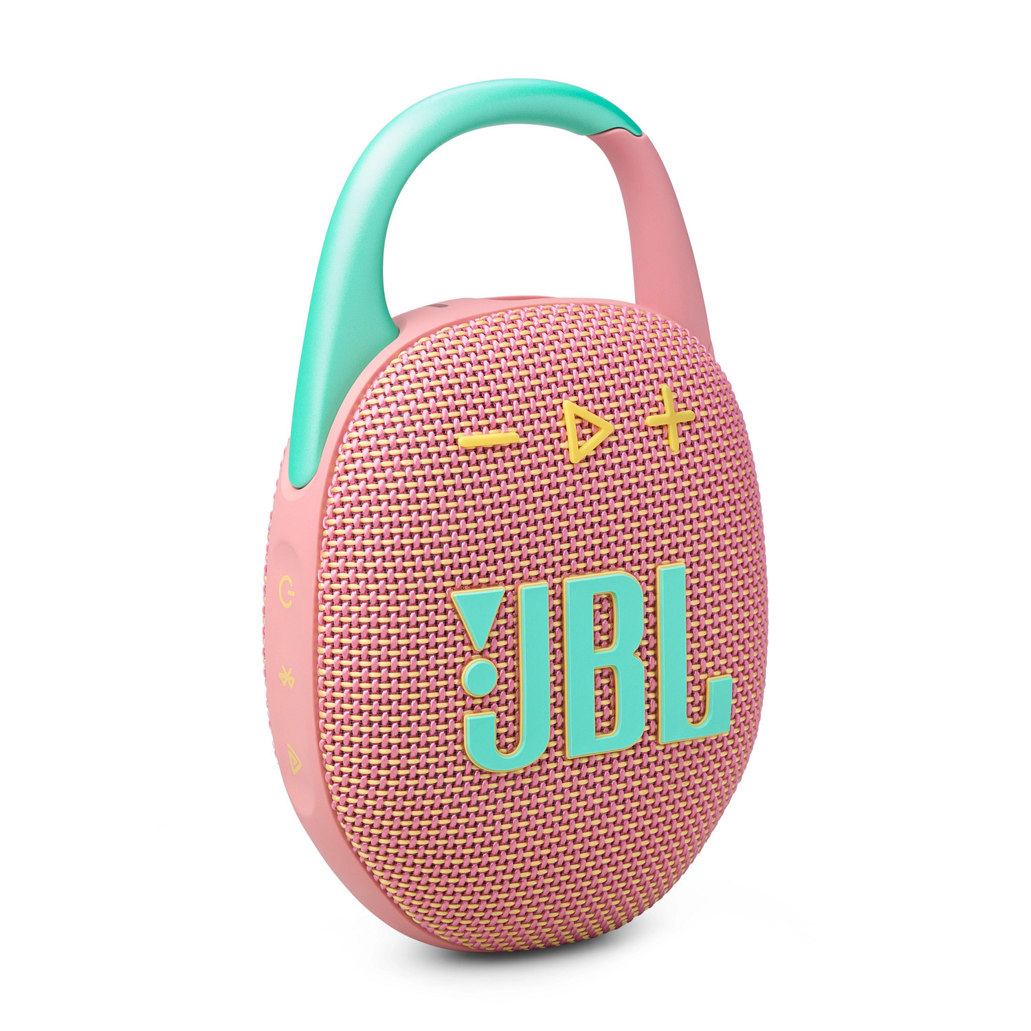 Haut-parleur JBL Clip 4 rose et turquoise. Il a une poignée turquoise et le logo JBL en turquoise.