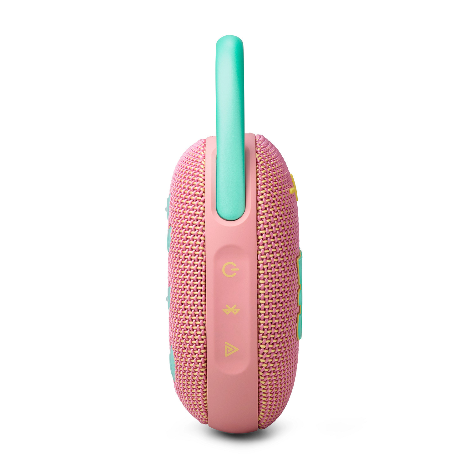 Enceinte portable rose et turquoise avec poignée turquoise. Les boutons sont visibles sur le côté.