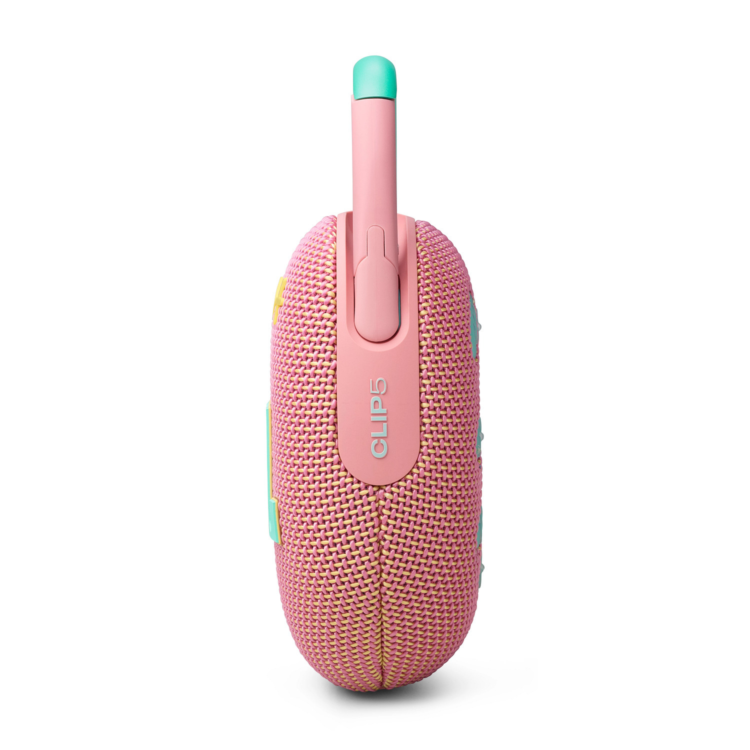 Une enceinte JBL Clip 5 rose avec une poignée turquoise et blanche.