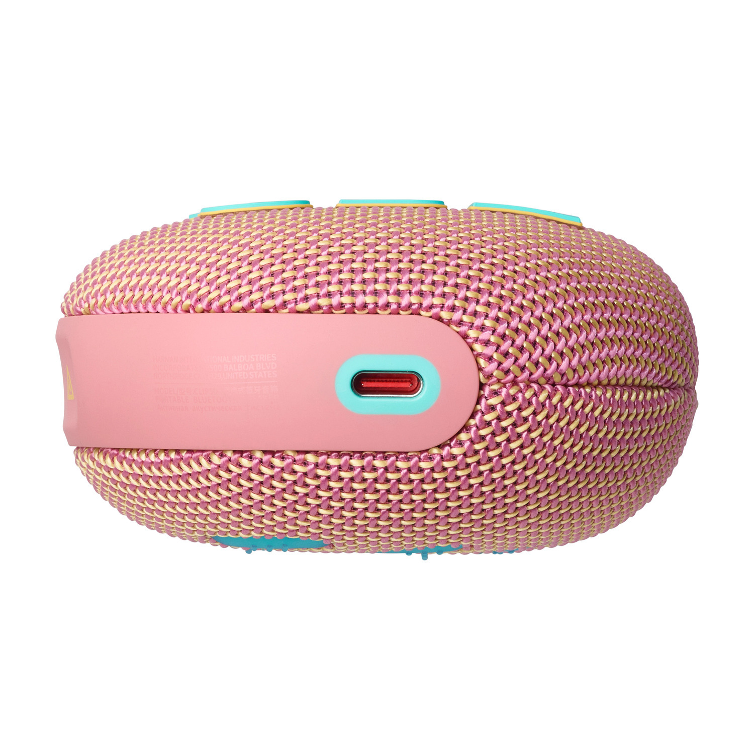 Vue de dessous d'un haut-parleur JBL Clip 4 rose. Il possède un port de chargement et un bouton d'alimentation.