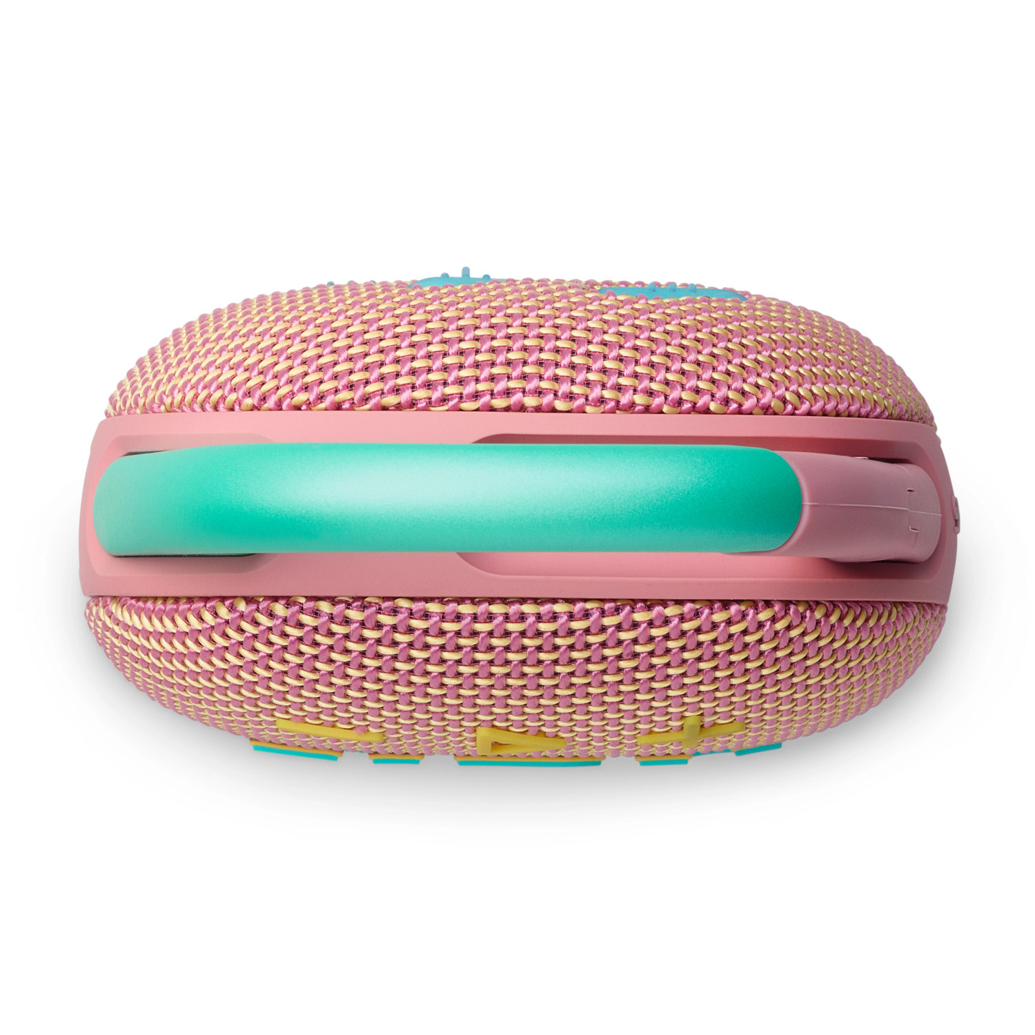 Haut-parleur rose et aqua. Texture tissée. Bande aqua. Boutons en haut. Fond blanc.