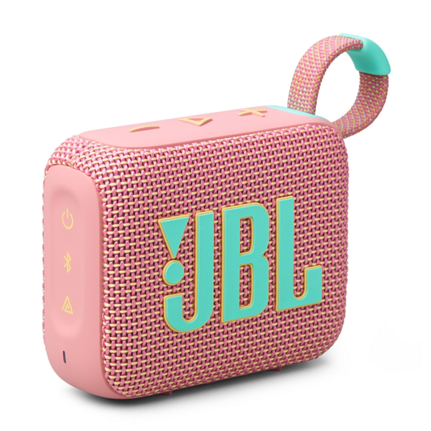 Roze JBL speaker met turquoise accenten, een turquoise handvat en het JBL logo.