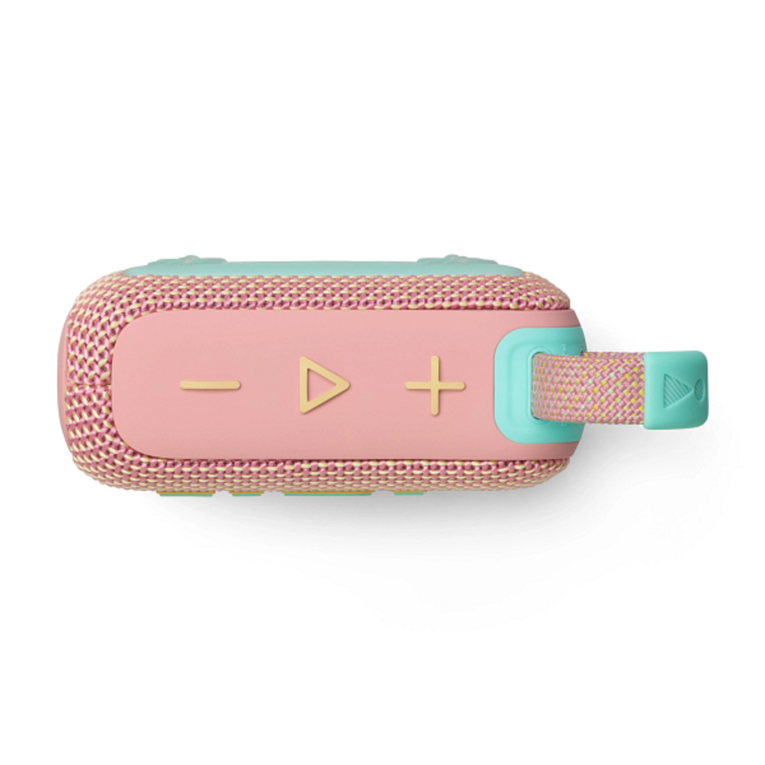 Een kleine, roze en blauwgroene speaker met bedieningsknoppen en een bandje.