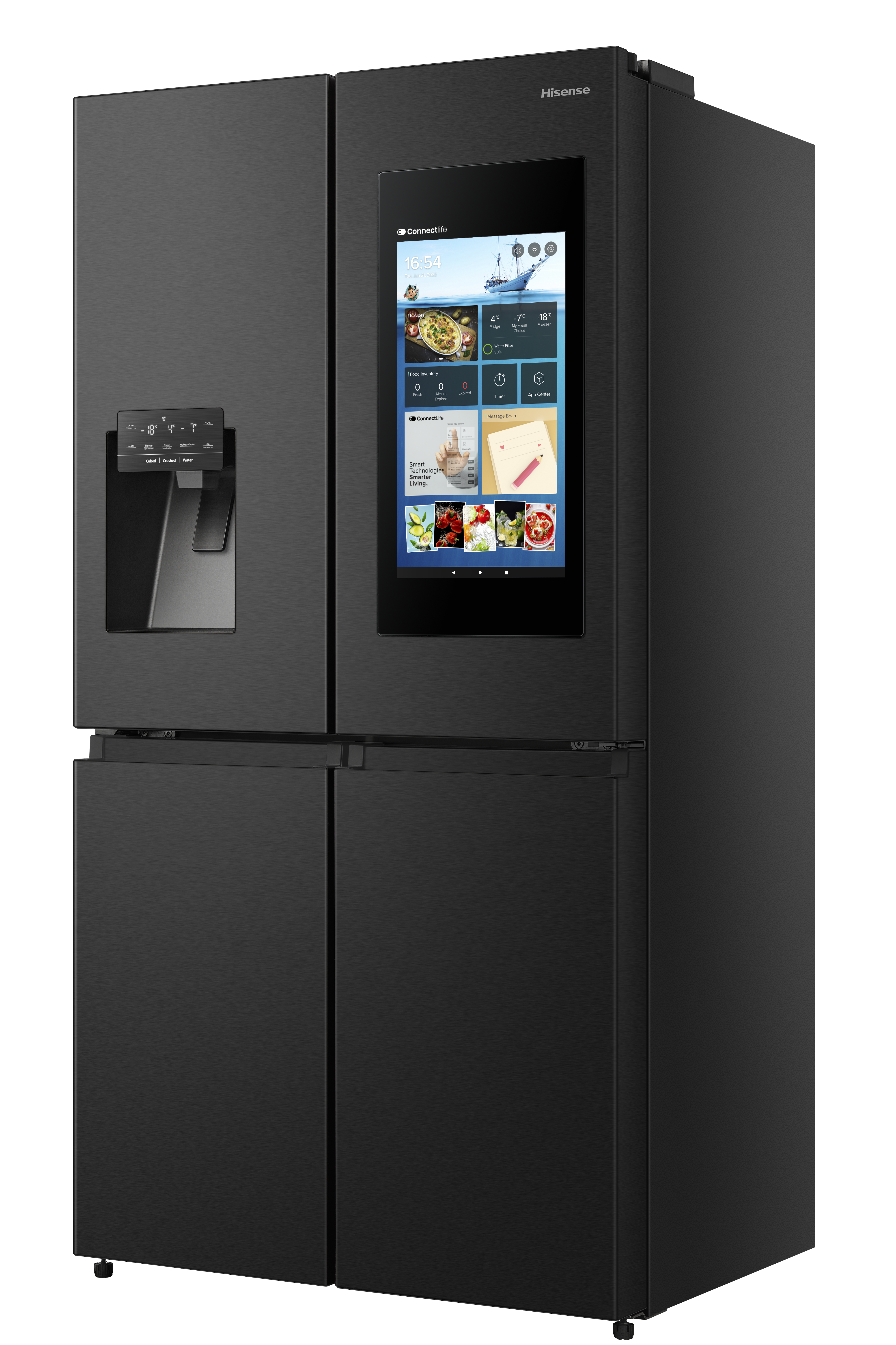 Schwarzer Hisense Kühlschrank mit Touchscreen und Wasserspender.