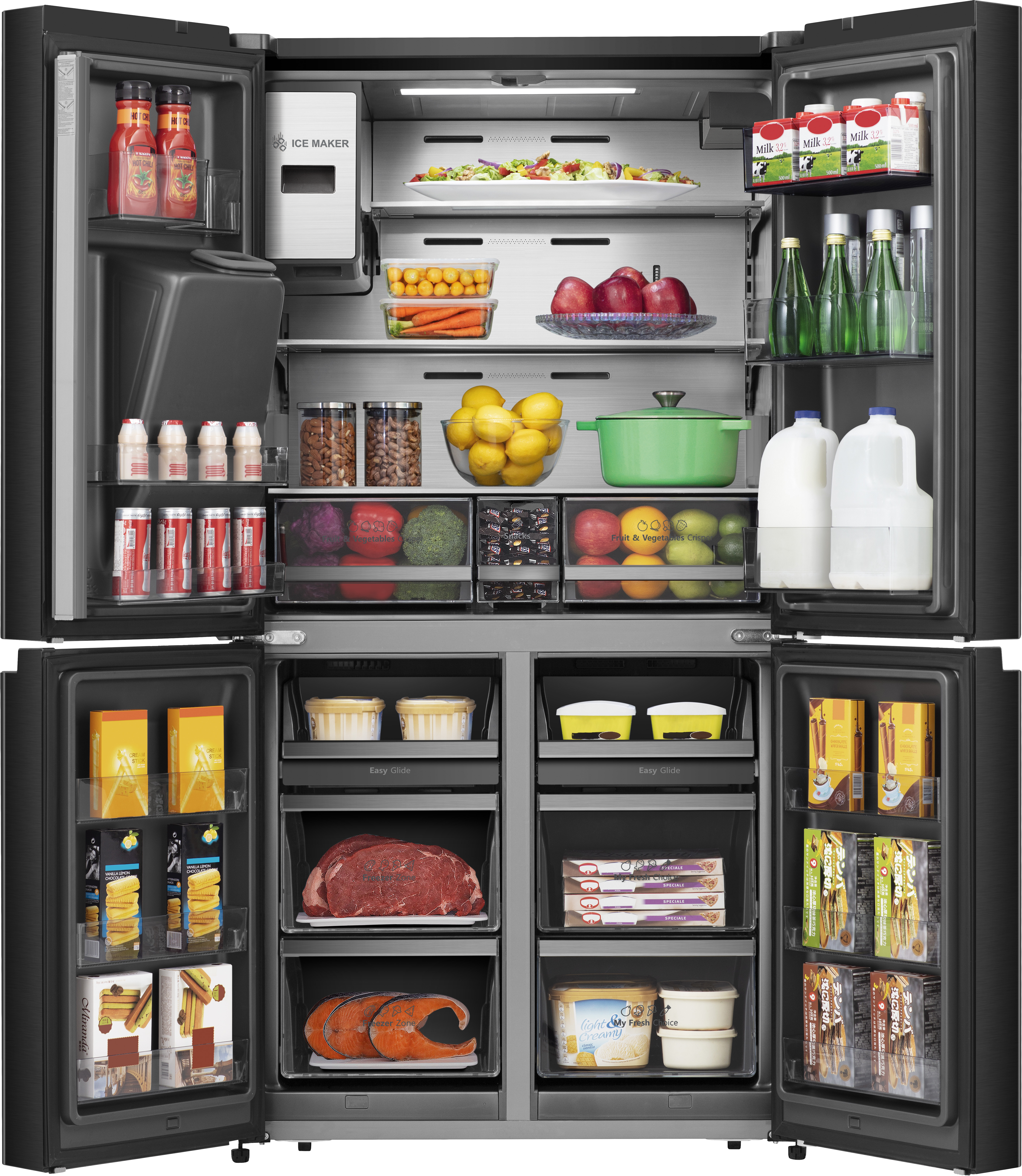 Ein offener schwarzer Kühlschrank mit Lebensmitteln, darunter Obst, Gemüse und verpackte Waren.