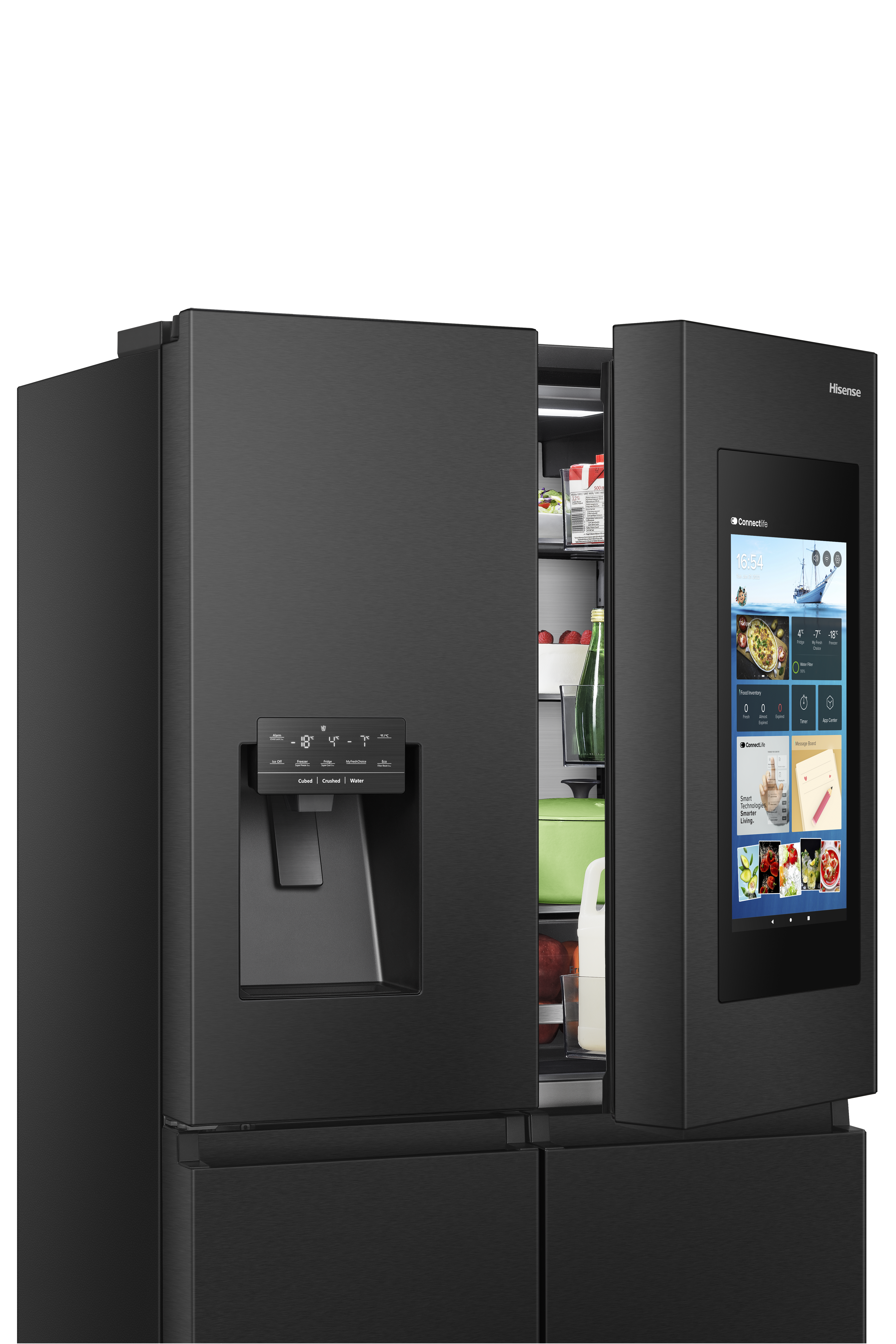 Ein schwarzer Hisense-Kühlschrank mit Touchscreen und Eis-/Wasserspender. Die Türen sind geöffnet.