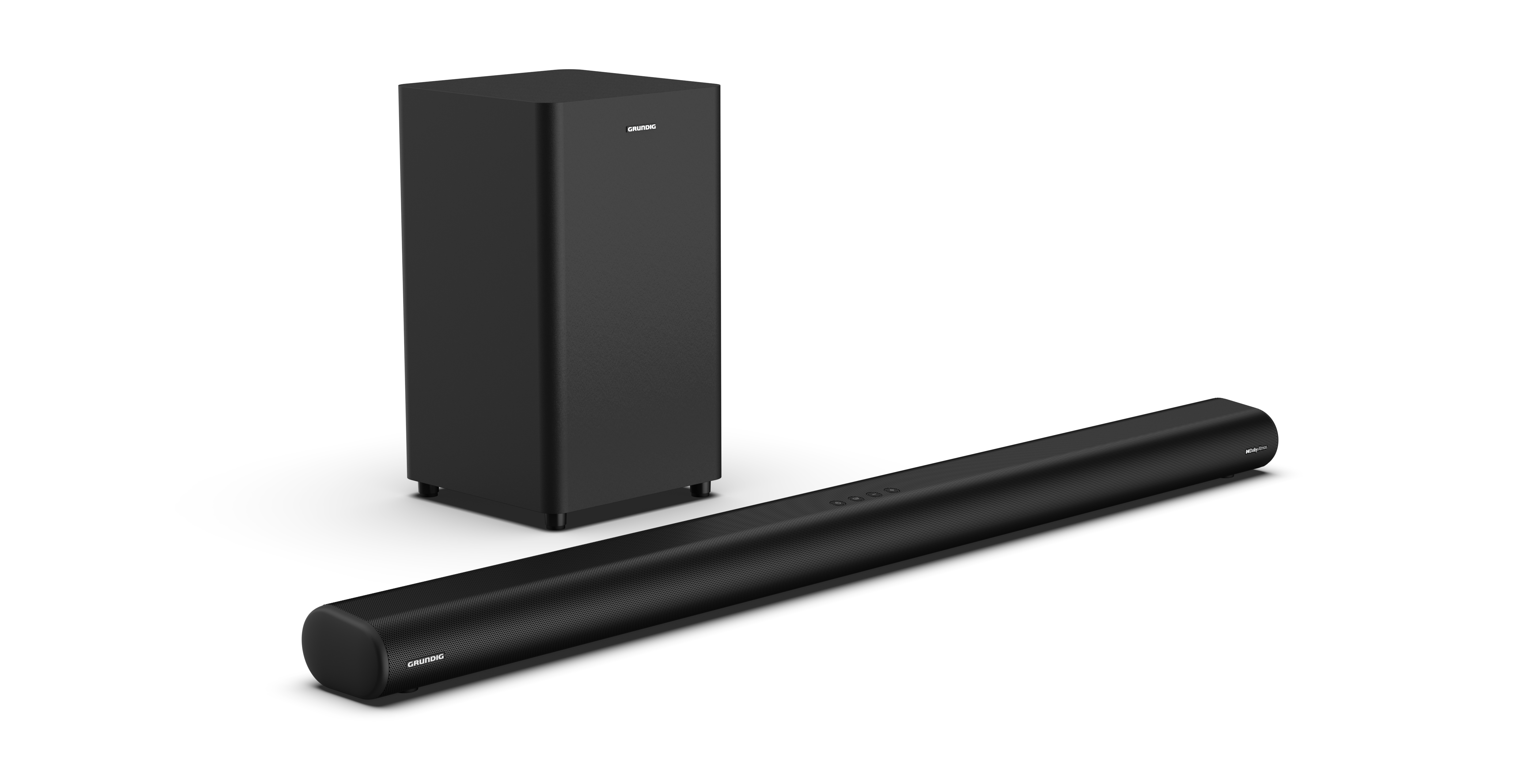 Beyaz bir yüzeyde siyah bir soundbar ve subwoofer seti. Arka plan beyazdır.