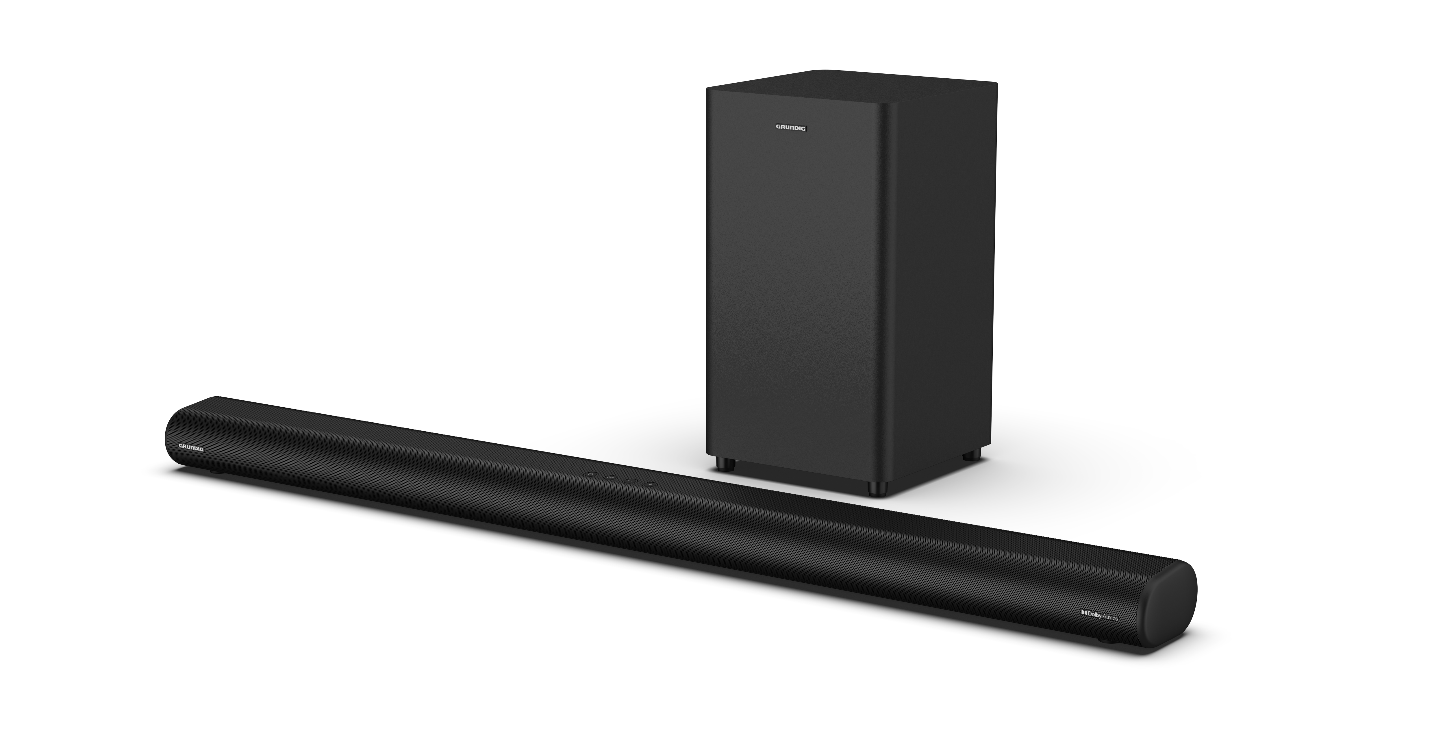 Siyah soundbar ve subwoofer seti. Soundbar uzun, sub ise bir kutu.