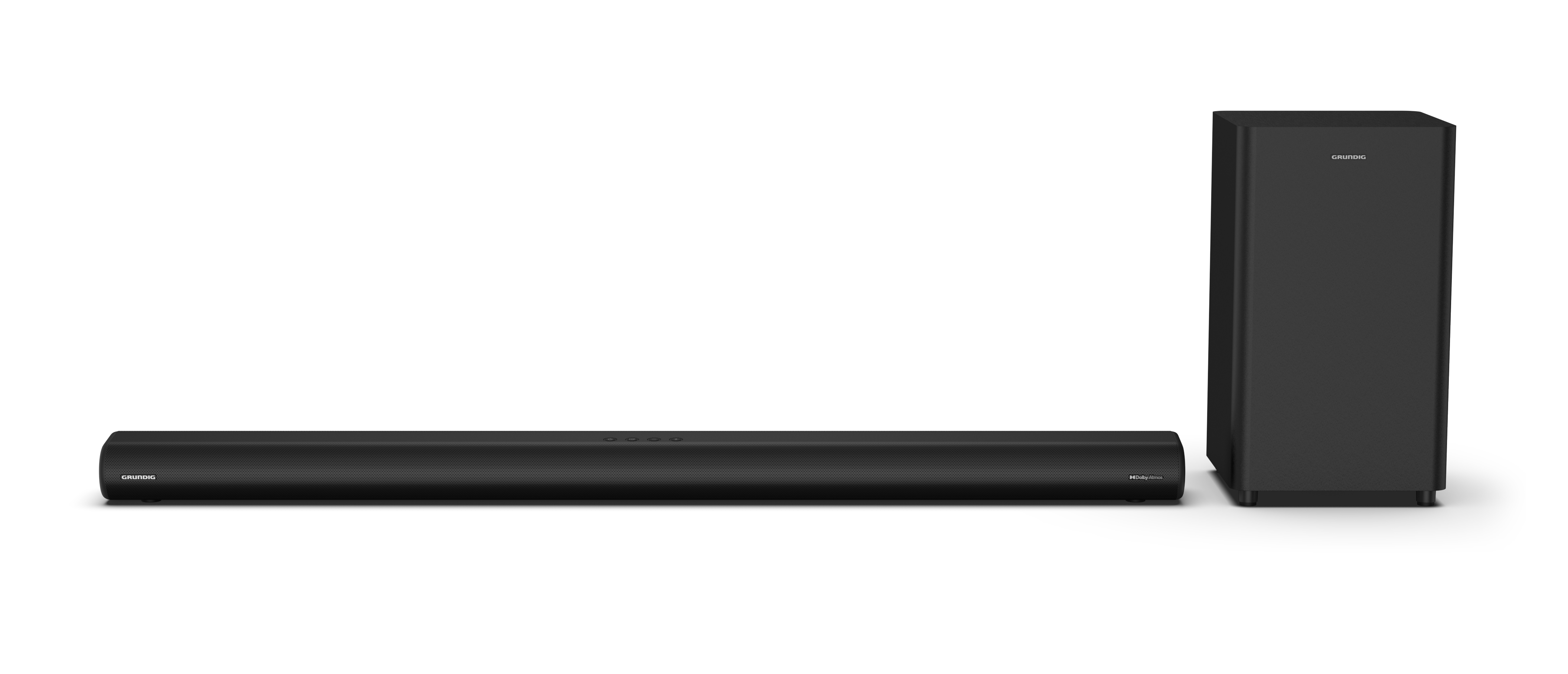 Siyah soundbar ve subwoofer. Soundbar uzun ve dikdörtgen.