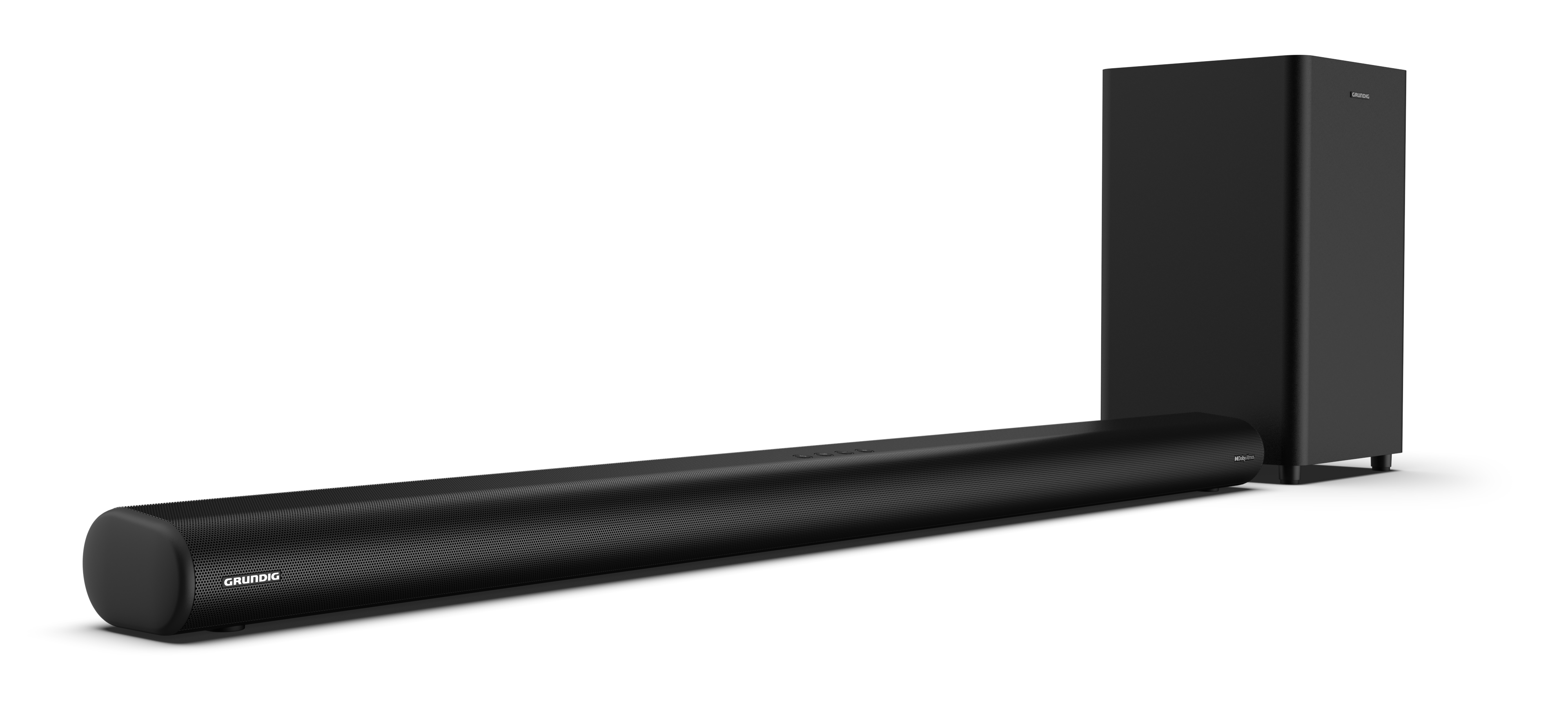 Siyah soundbar ve subwoofer siyah arka planda. Grundig logosu görünüyor.