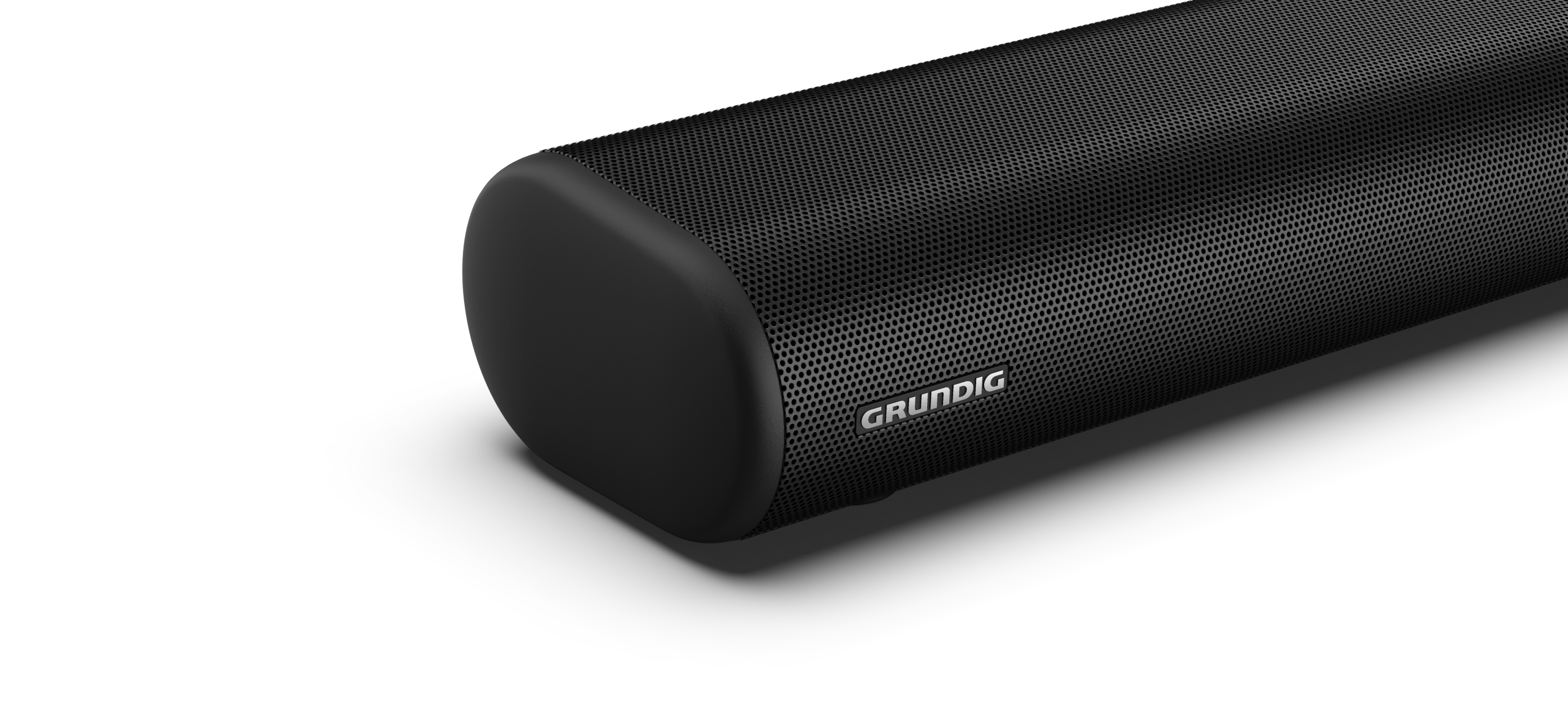 Karanlık bir arka plan üzerinde 'Grundig' logosu bulunan siyah soundbar.