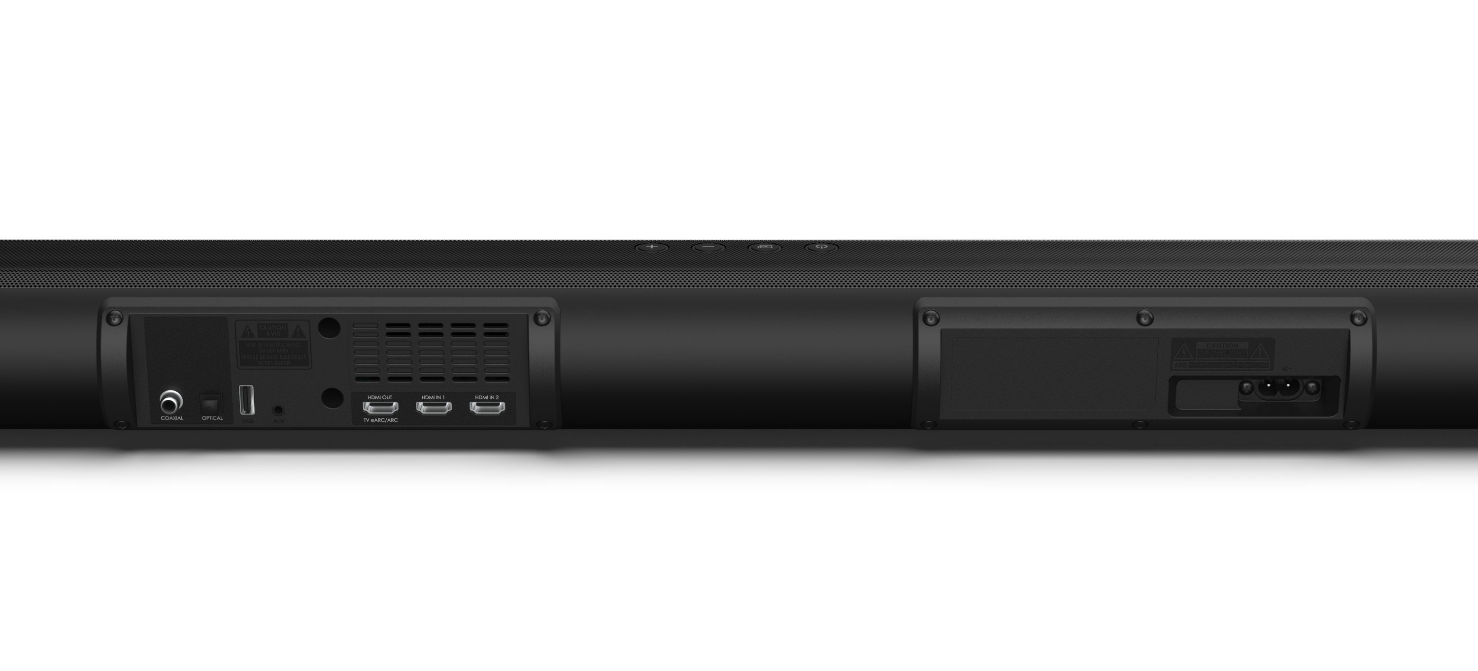 Siyah soundbar. Portları ve bağlantıları gösteren arka panel.