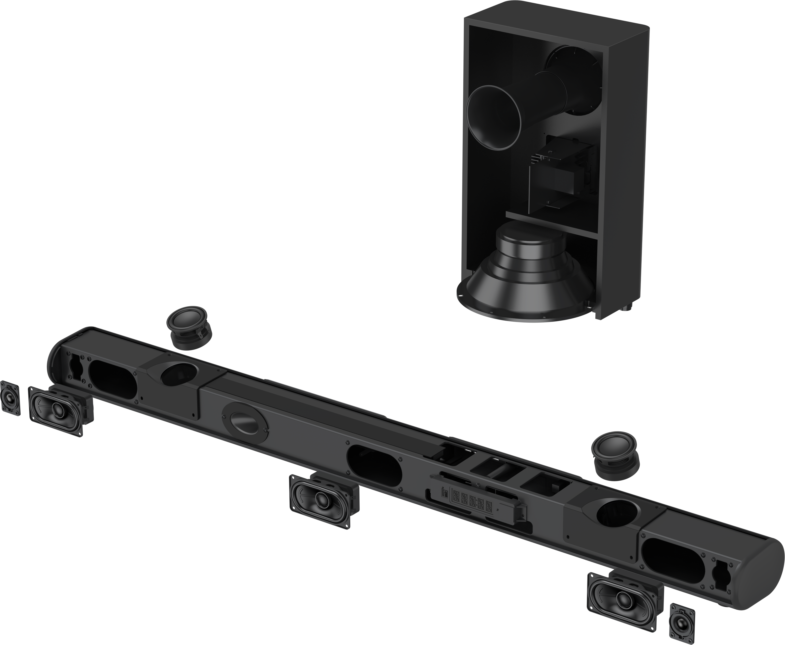 Hoparlörlü siyah bir soundbar'ın patlatılmış görünümü, iç bileşenleri gösteriyor.