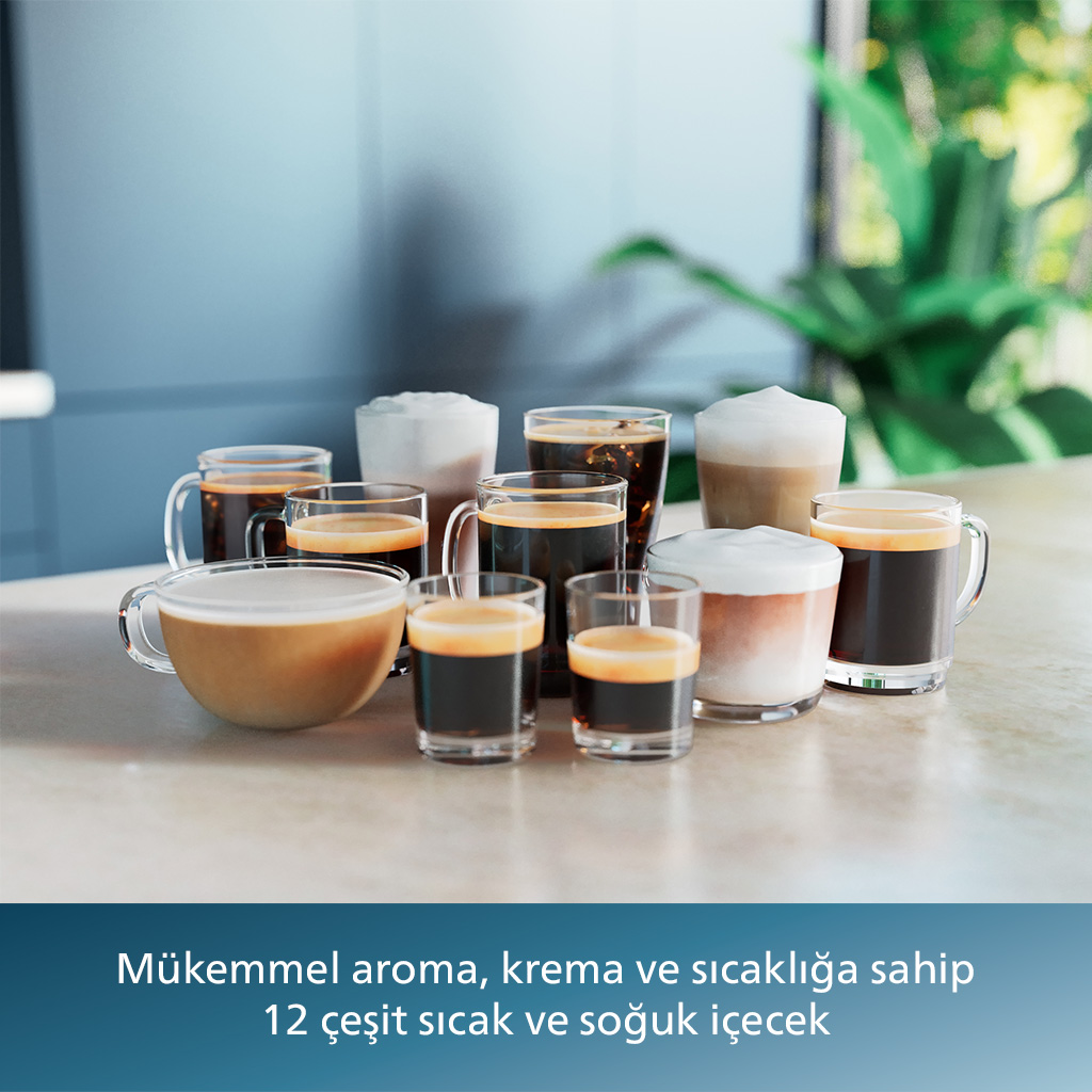 Tezgahta bardak ve kupalarda çeşitli kahve içecekleri, altında metin var.
