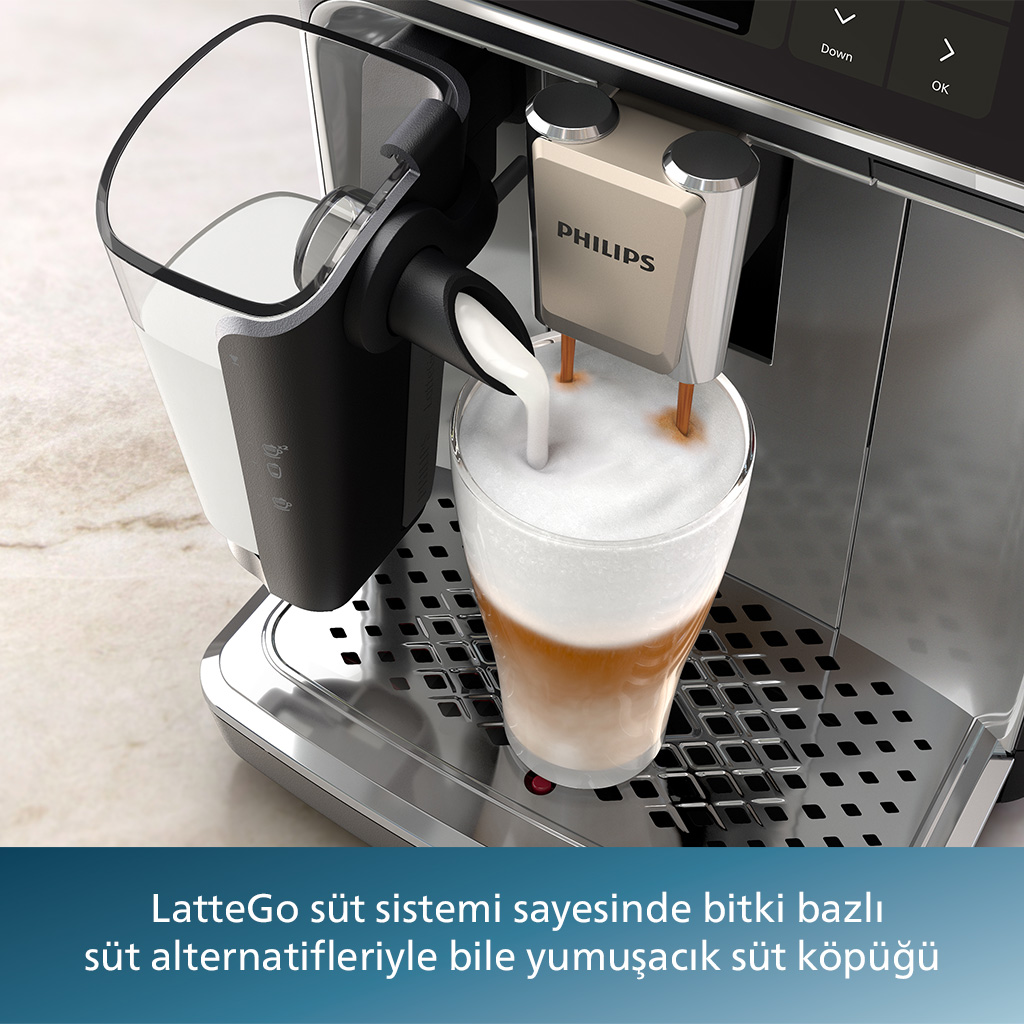 Bir bardak latte ile kahve makinesi, süt dökülüyor.