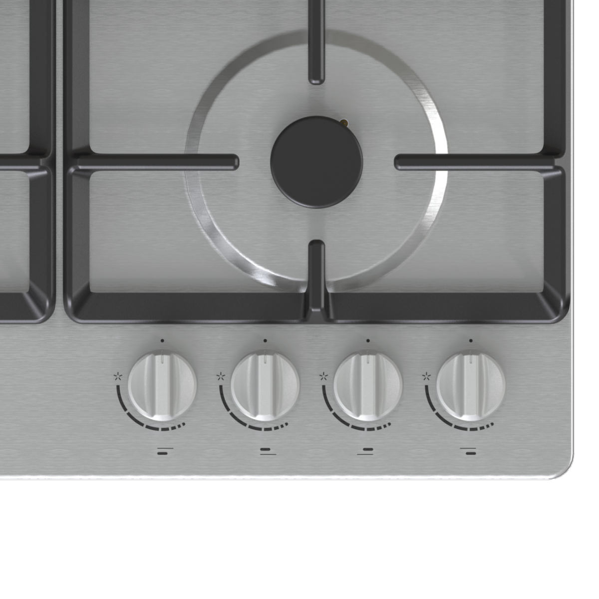 Zbliżenie na stalową kuchenkę gazową z czarnymi palnikami i pokrętłami sterowania.