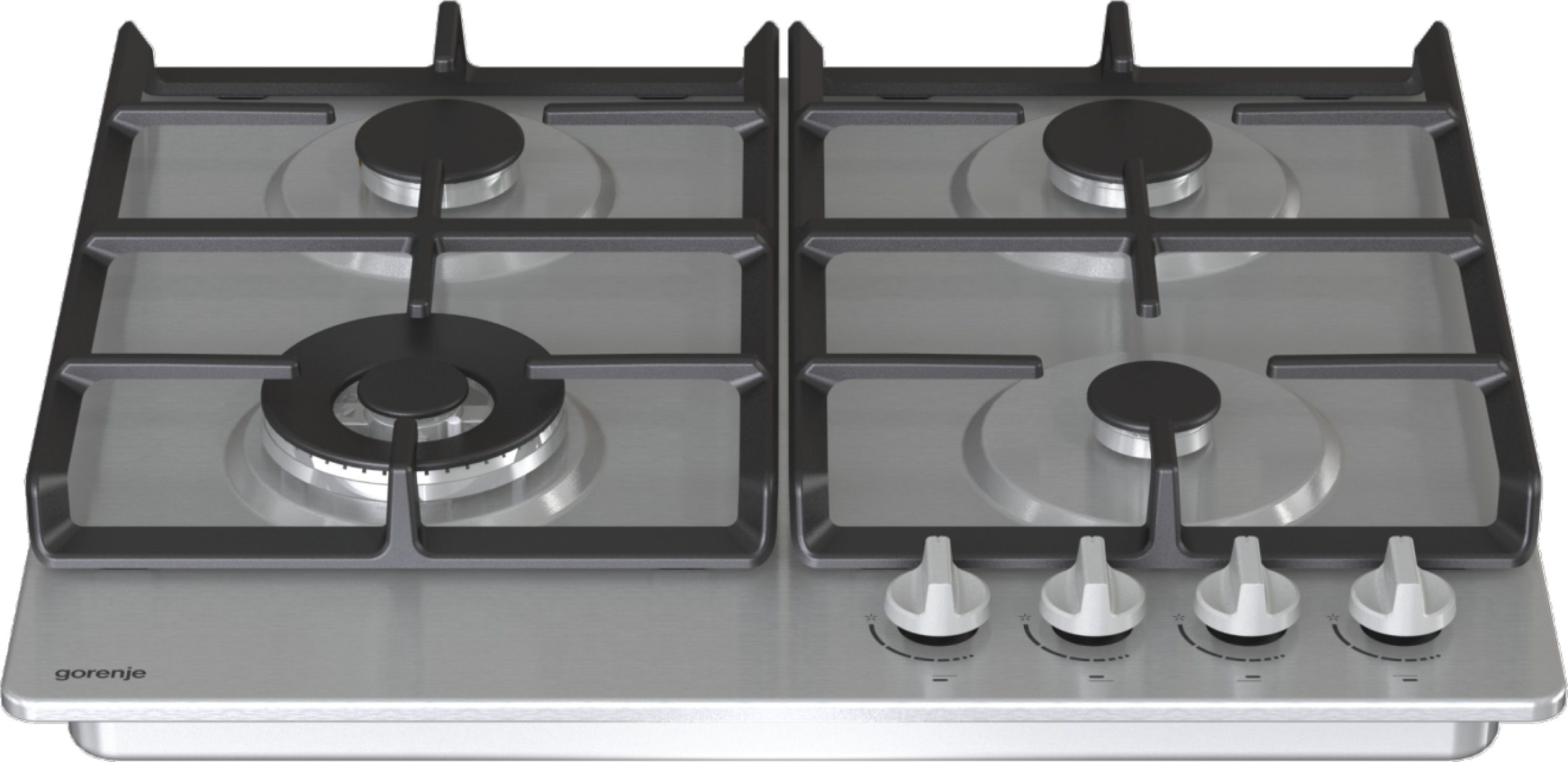 Stalowa płyta gazowa z czterema palnikami i pokrętłami. Logo Gorenje na dole po lewej.