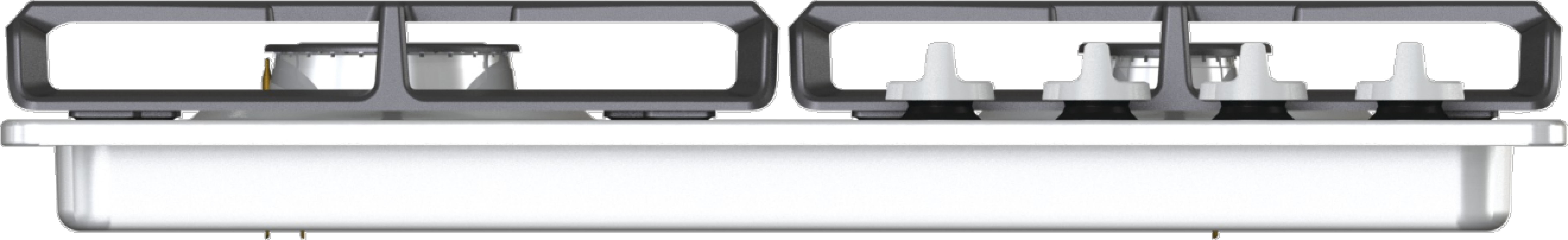 Zbliżenie kuchenki gazowej. Dwa prostokątne palniki po lewej, dwa po prawej. Pokrętła z przodu.