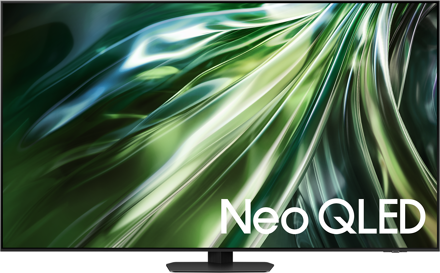 A TV zöld és fehér absztrakt mintát jelenít meg, a "Neo QLED" felirattal. Fekete állványon van.